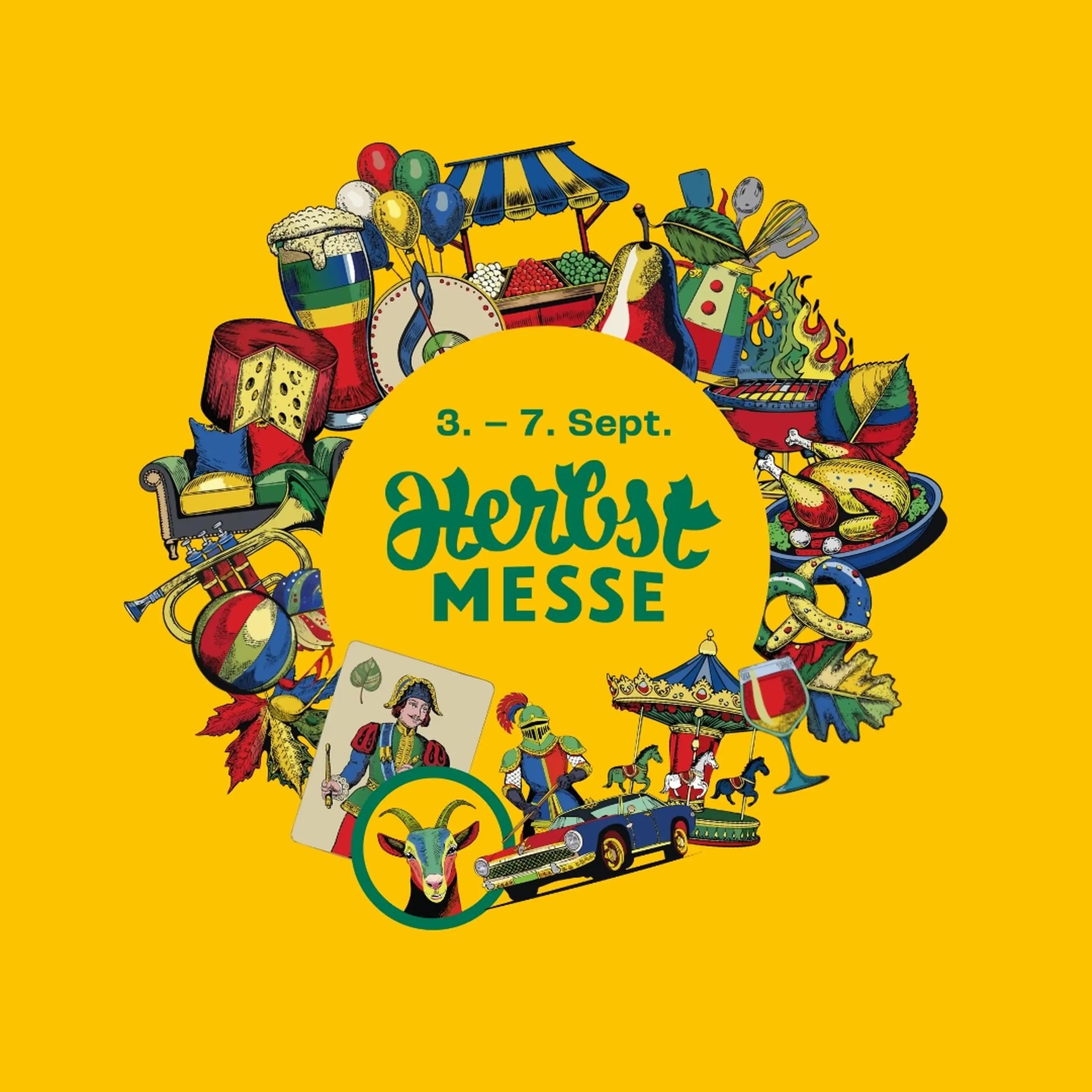 Colorful poster for 'Herbst Messe' (Autumn Fair) with diverse fairground elements in a circle.