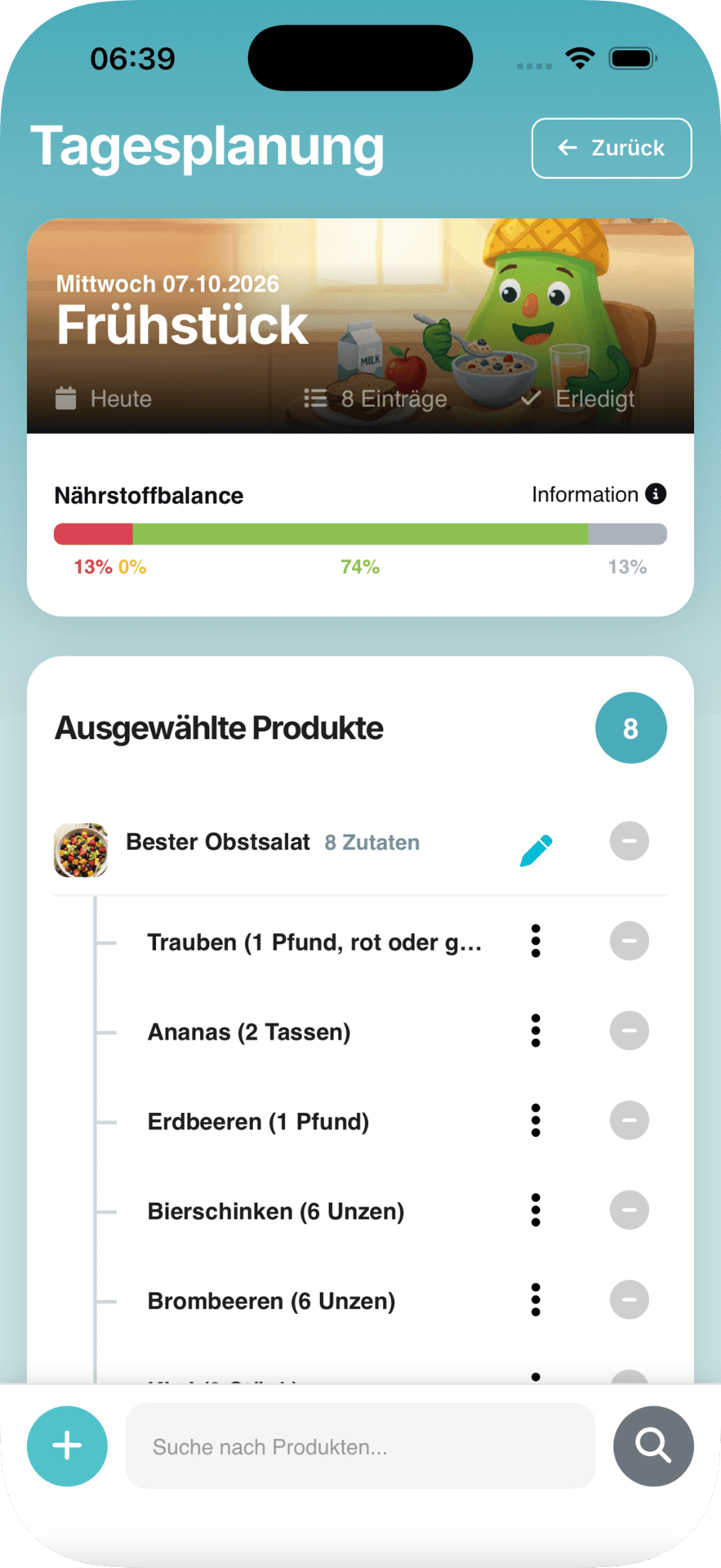 Daily meal planning app screen showing breakfast details, nutritional balance, and selected ingredients.
