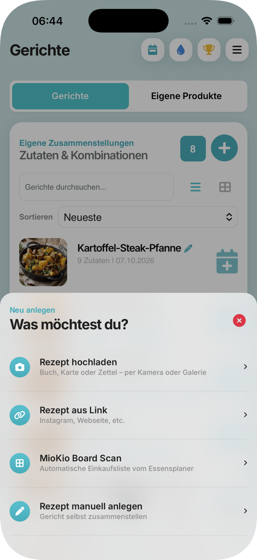 A mobile app screen for managing recipes, showing a list of dishes and an overlay menu with options to add new recipes via upload, link, scan, or manual entry.