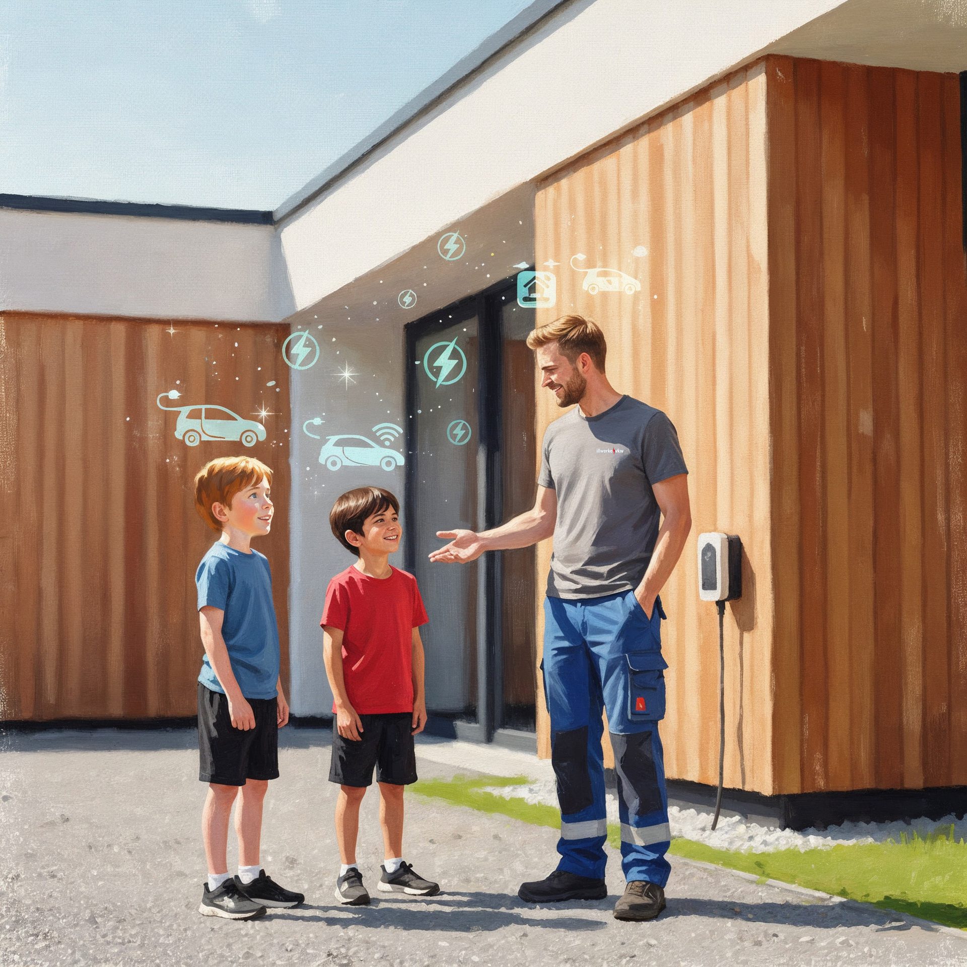 A man teaches two boys about electric vehicles and smart charging outside a house.