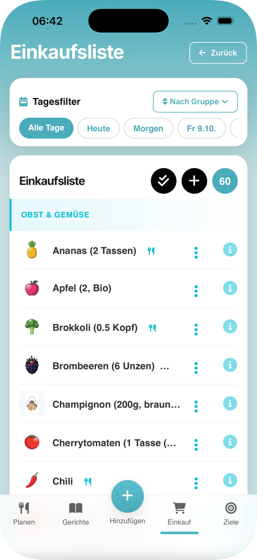 German shopping list app screen with items, date and group filters, and bottom navigation.