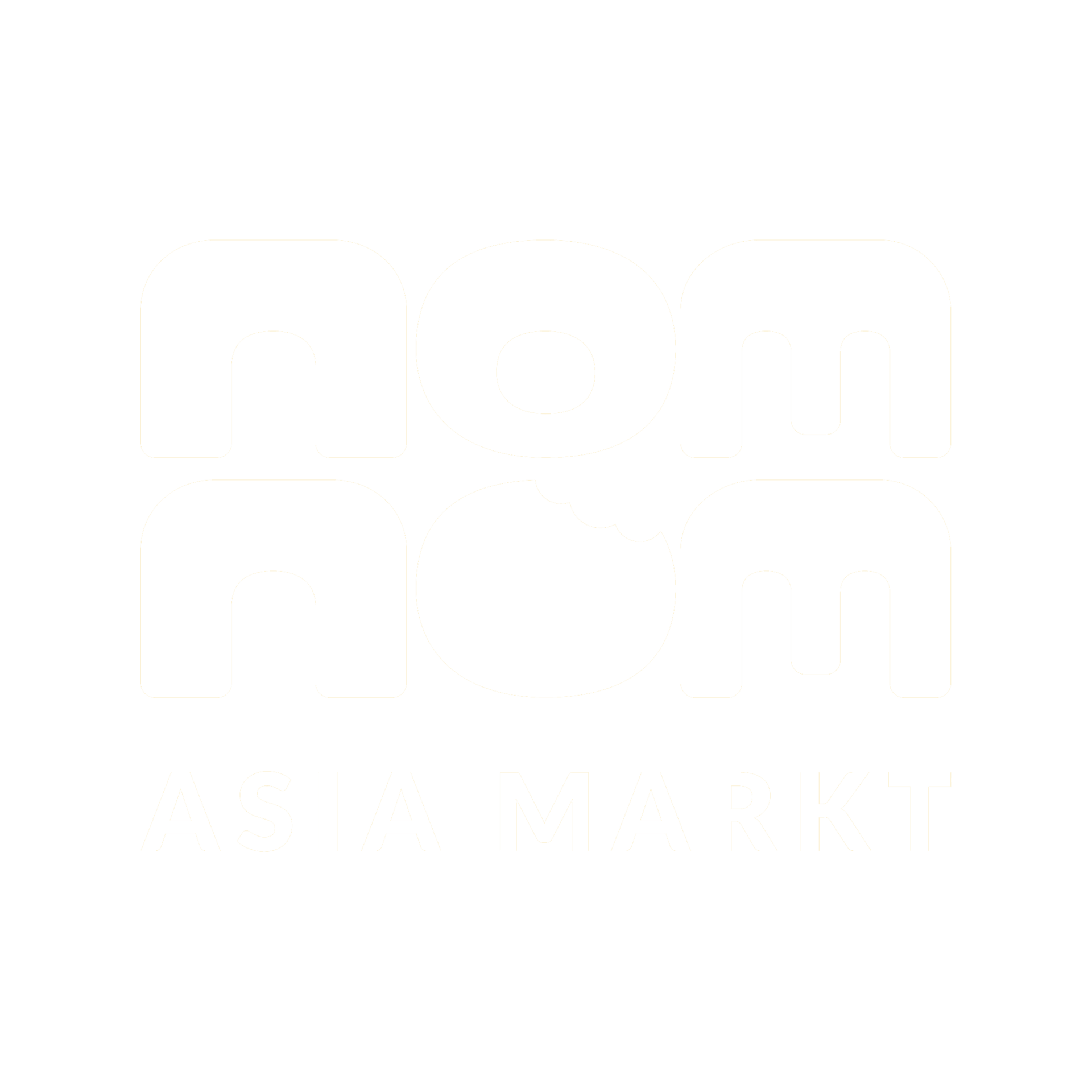 White stacked "nomnom" logo, bottom "o" bitten. "ASIA MARKT" below, on a green background.