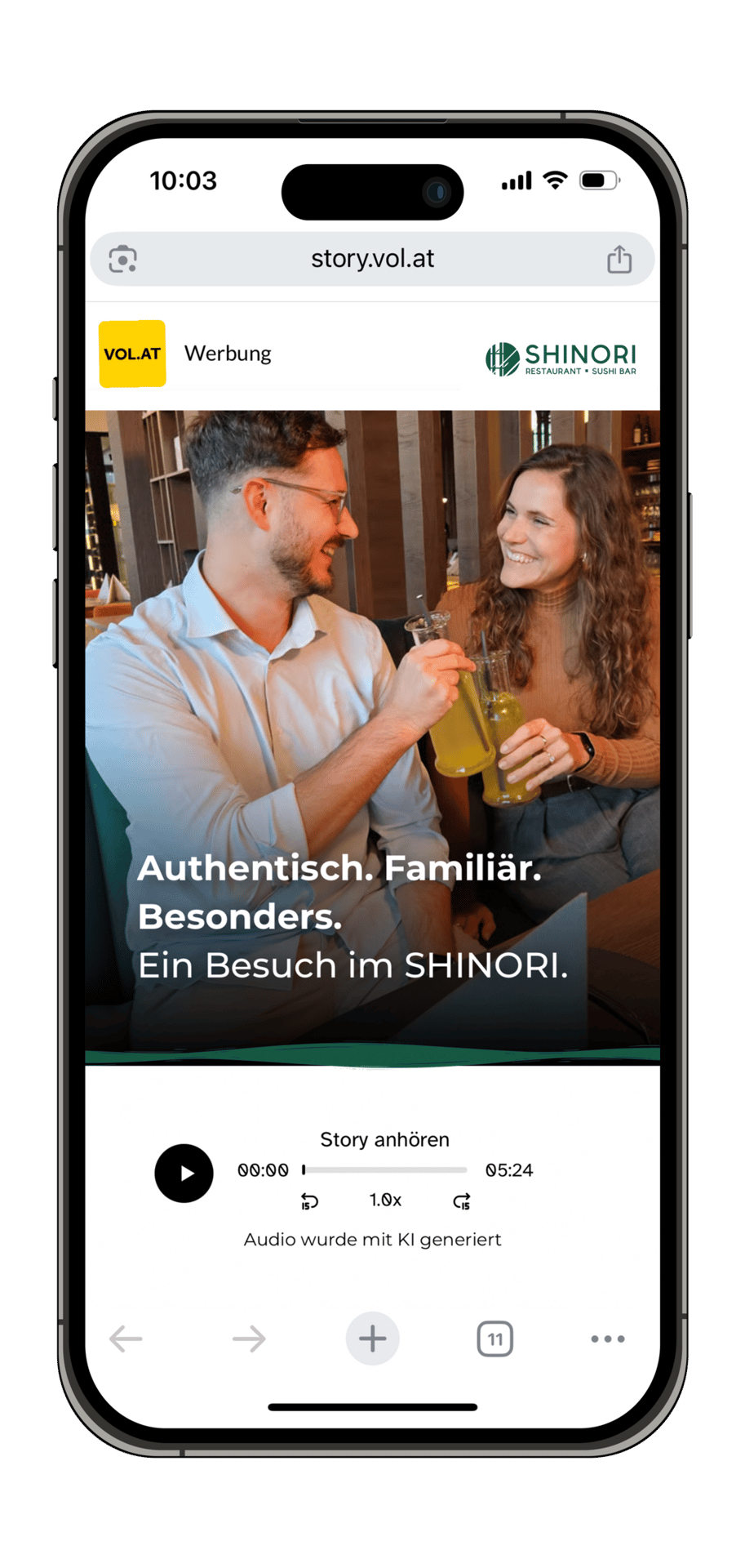 Smartphone showing a SHINORI restaurant ad with a couple toasting and an AI-generated audio player.