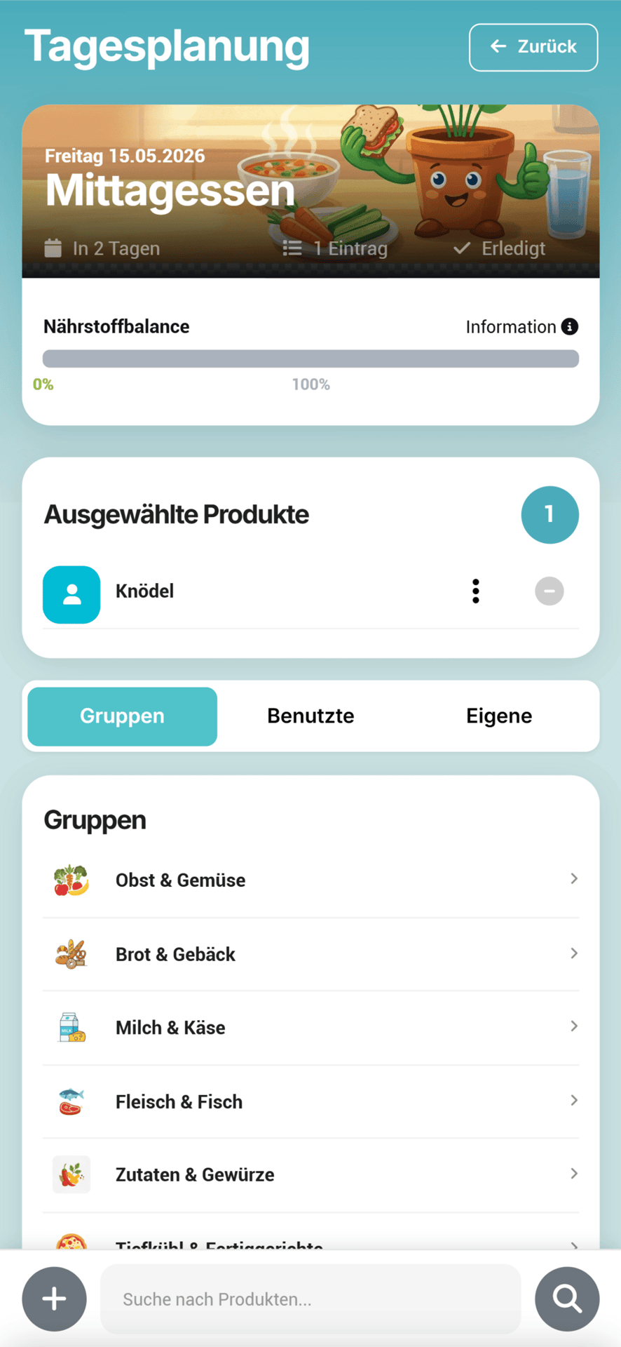 A mobile app screen showing a daily meal plan for lunch, selected products (Knödel), and product categories.