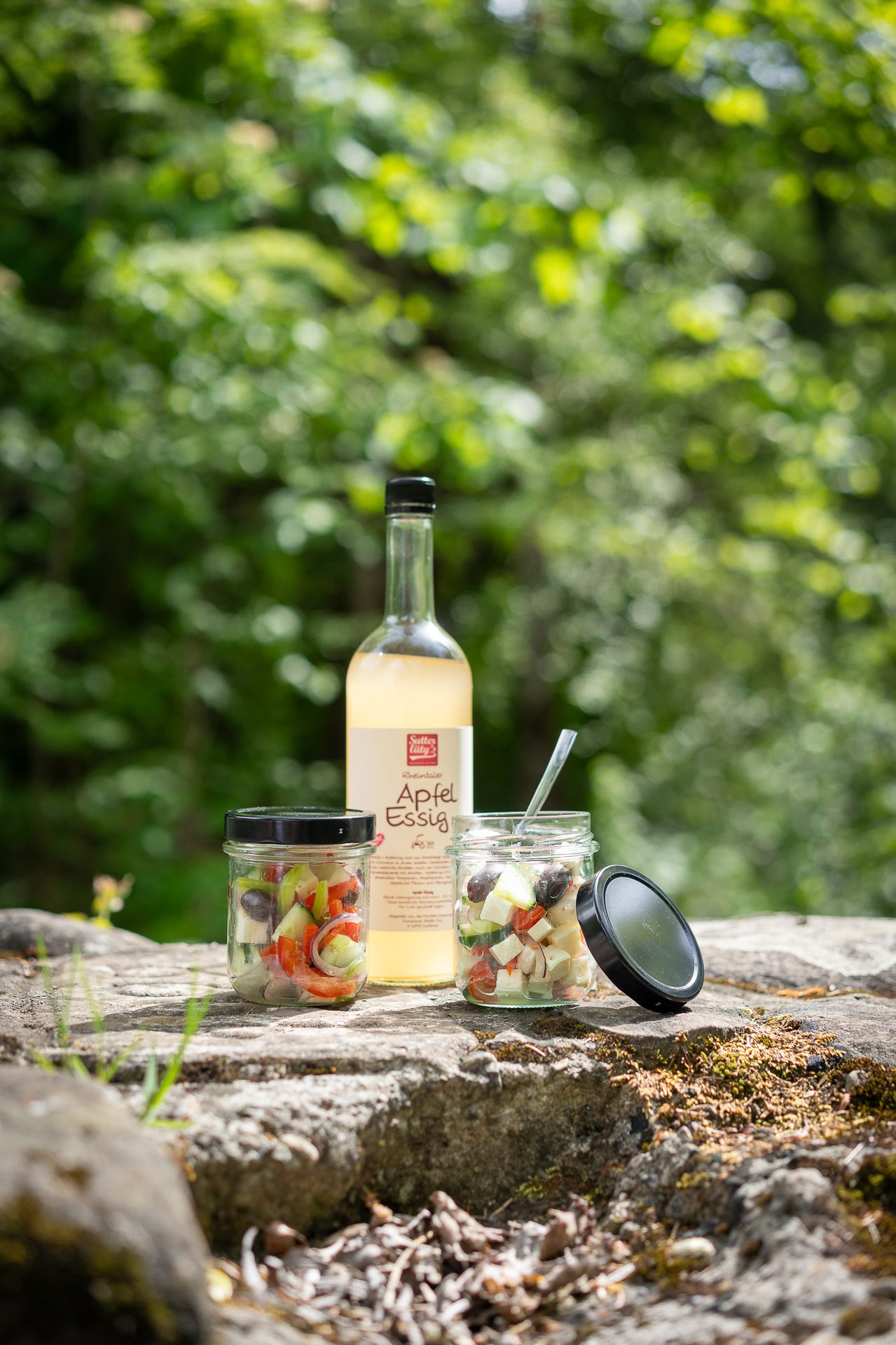 A bottle of apple vinegar and two jars of fresh salad are placed on a mossy rock in a lush, green outdoor setting.