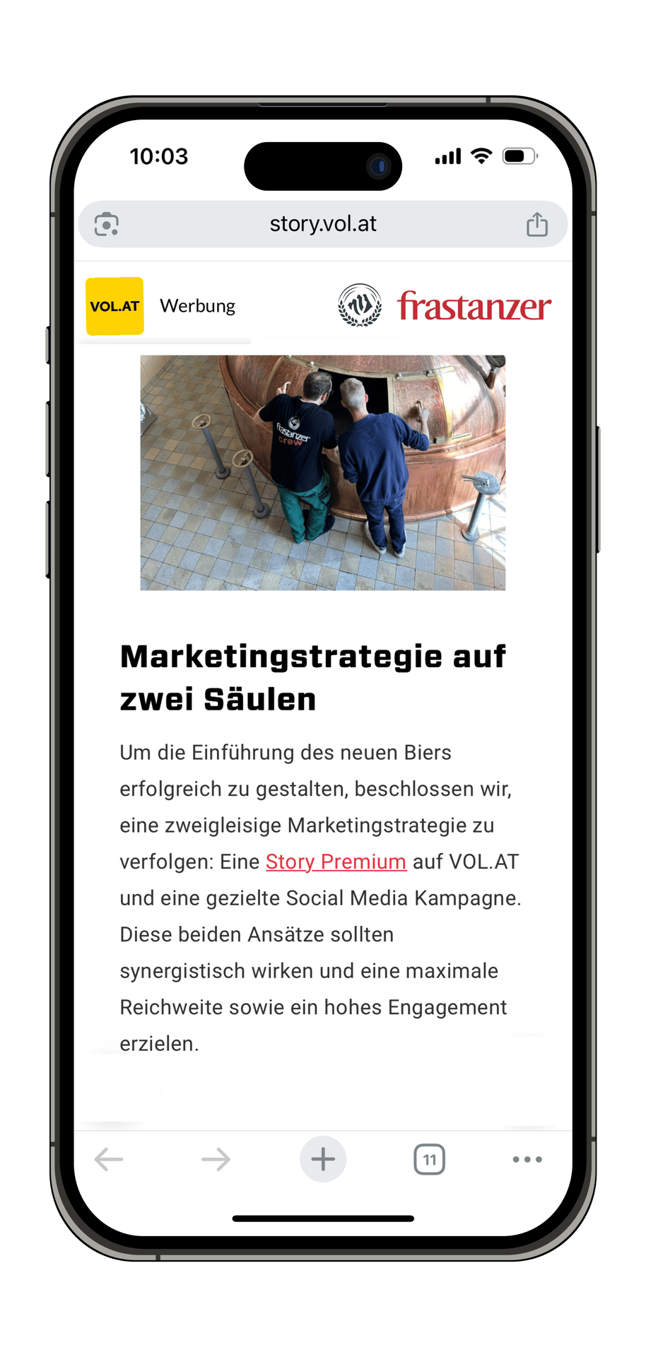 Mobile phone displays a beer marketing strategy article with an image of brewers at a tank.