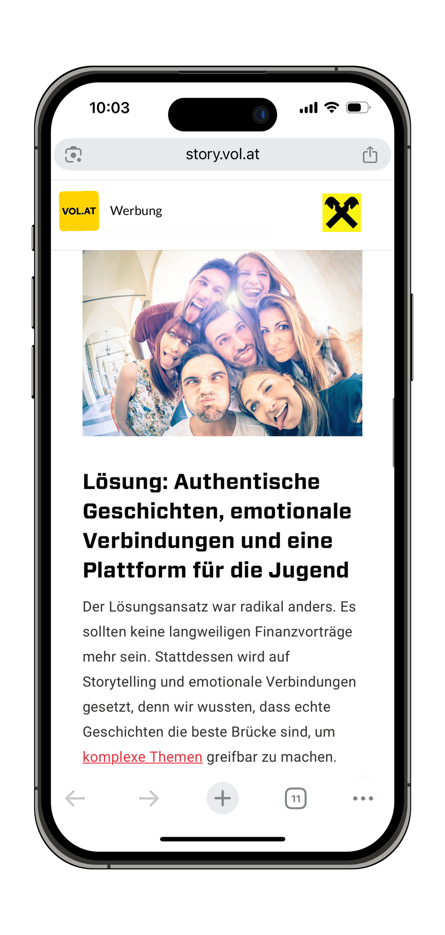 Smartphone screen showing an ad from story.vol.at with a photo of young people and text on youth engagement.