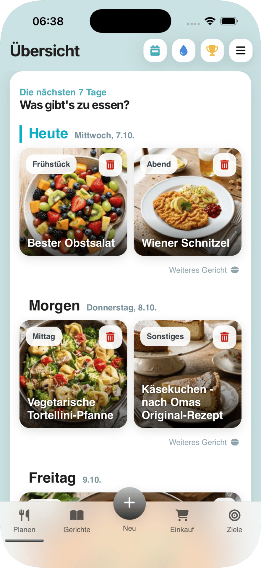 A mobile app screen showing meal planning for several days, including breakfast, dinner, and lunch options.