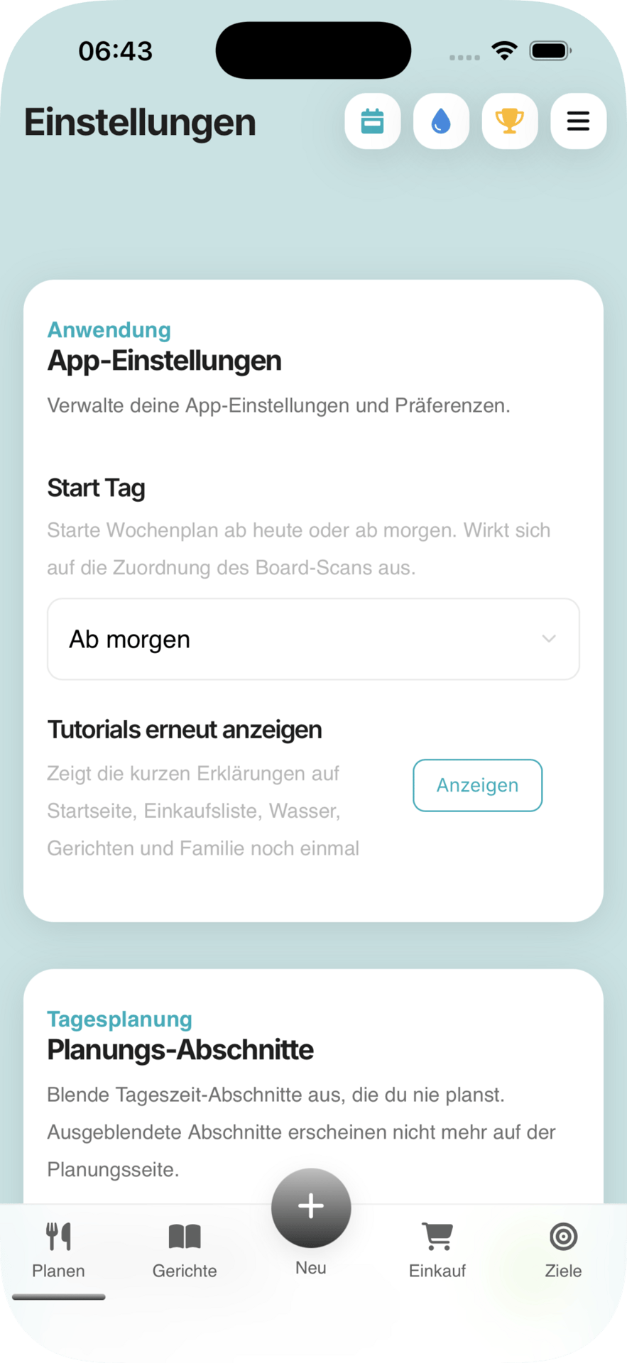German mobile app settings for preferences, start day, tutorials, and daily planning.