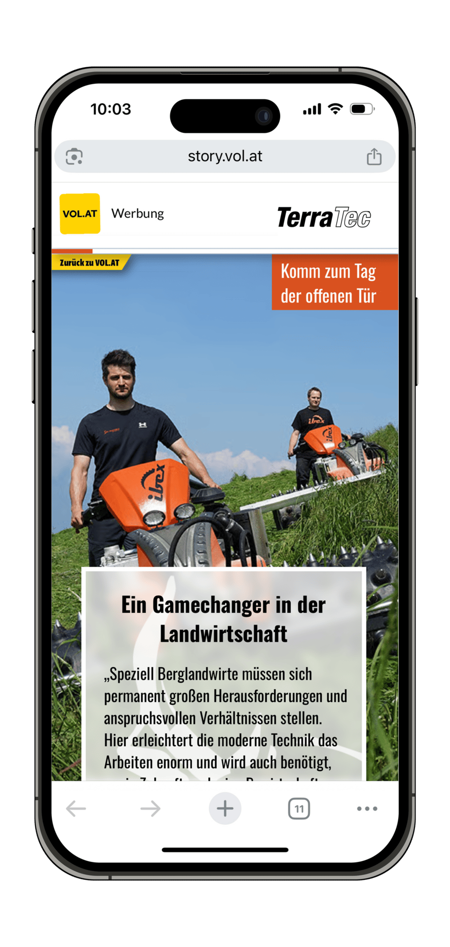 Smartphone showing an article "Gamechanger in der Landwirtschaft" with men using orange farm machines.