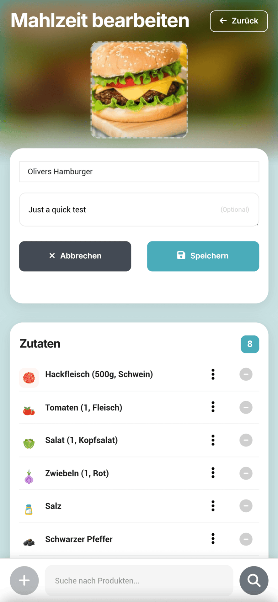 Mobile app screen to edit 'Olivers Hamburger' meal, showing burger image, name, description, and ingredient list.
