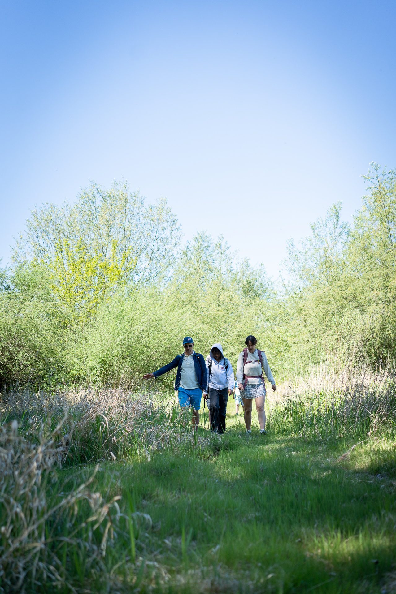 Three people, including a man in blue shorts, hike on a grassy path surrounded by green bushes.