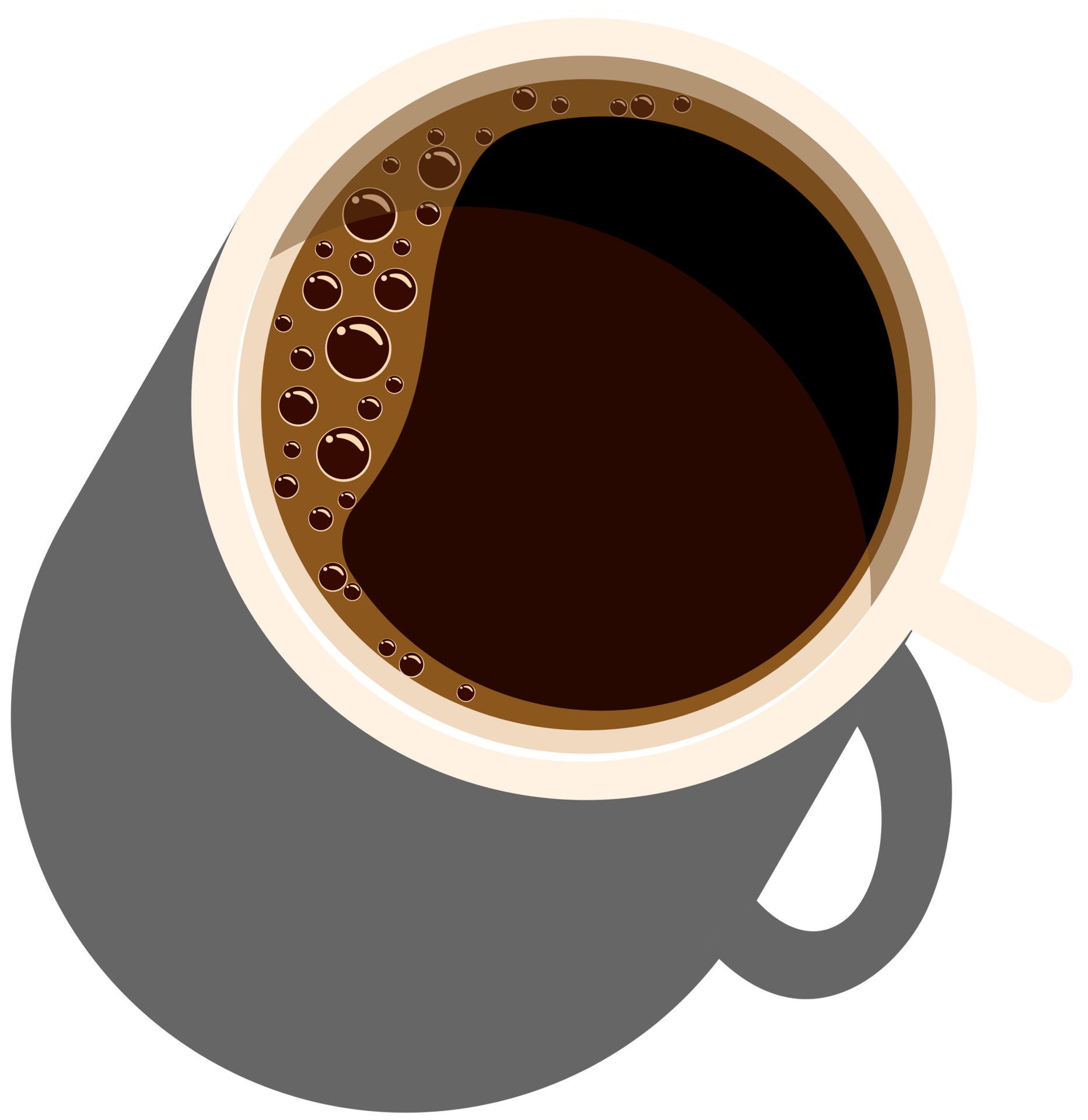 Top-down vector illustration of a cup of black coffee with bubbles and a subtle shadow.