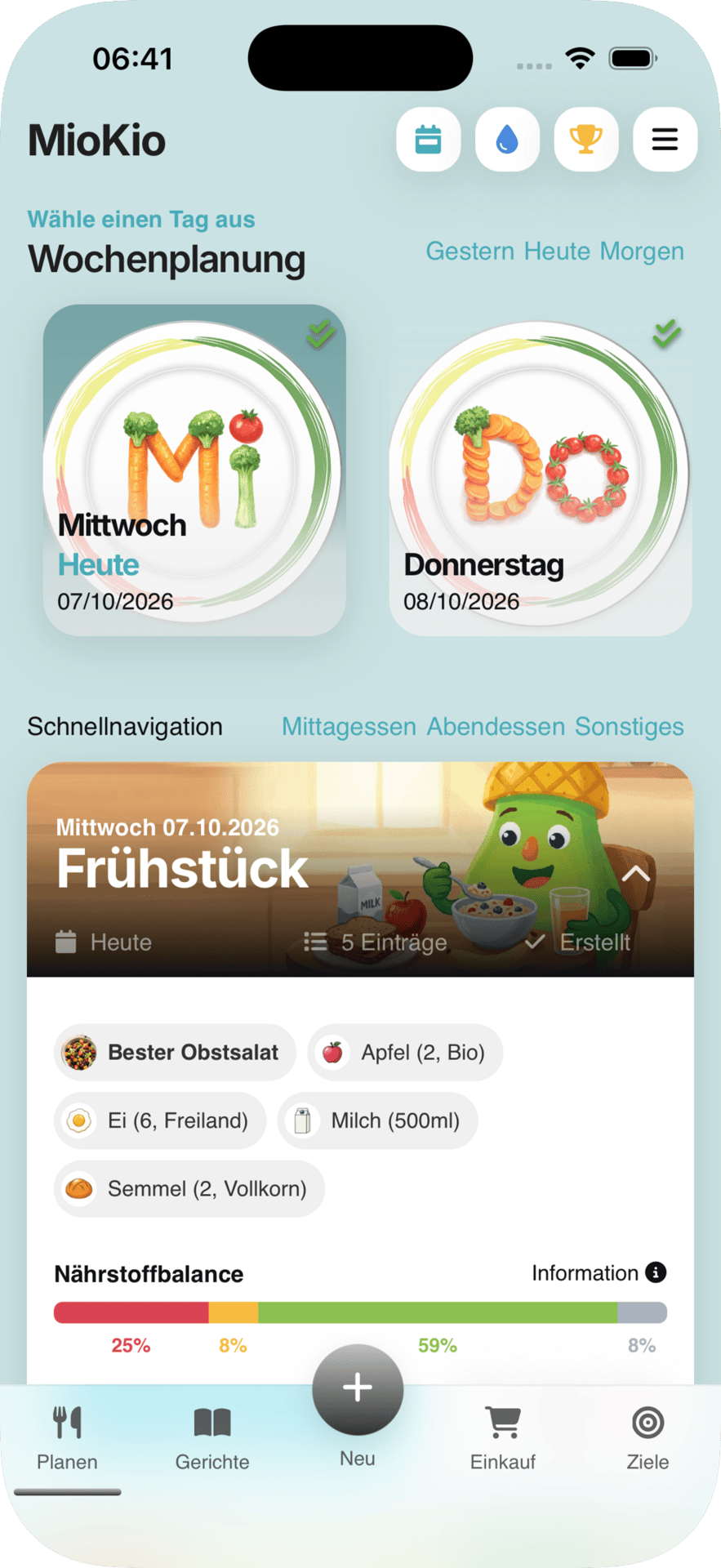 A German meal planning app UI showing weekly overview, breakfast details, and nutritional balance.