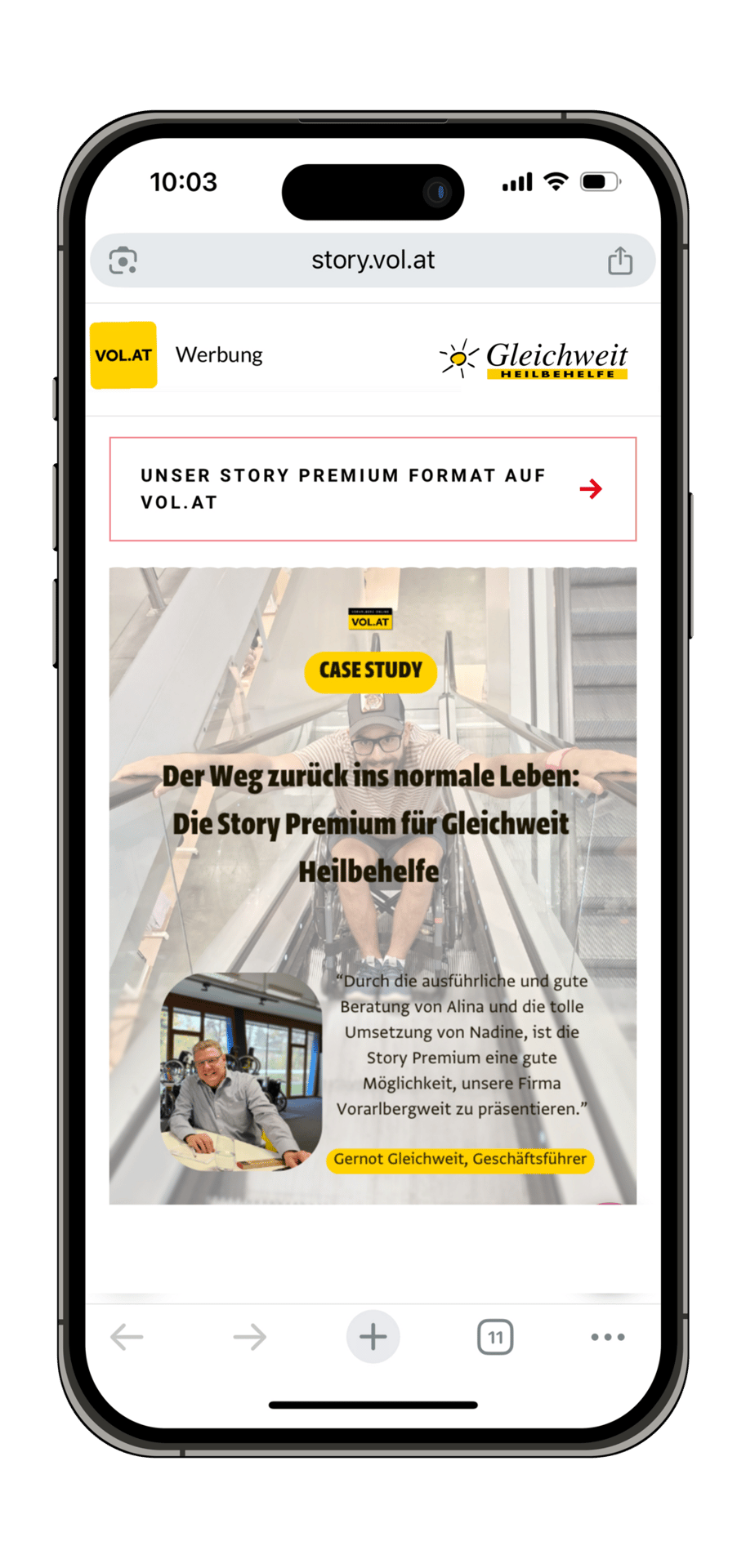 Mobile phone displaying a VOL.AT case study for Gleichweit Heilbehelfe.