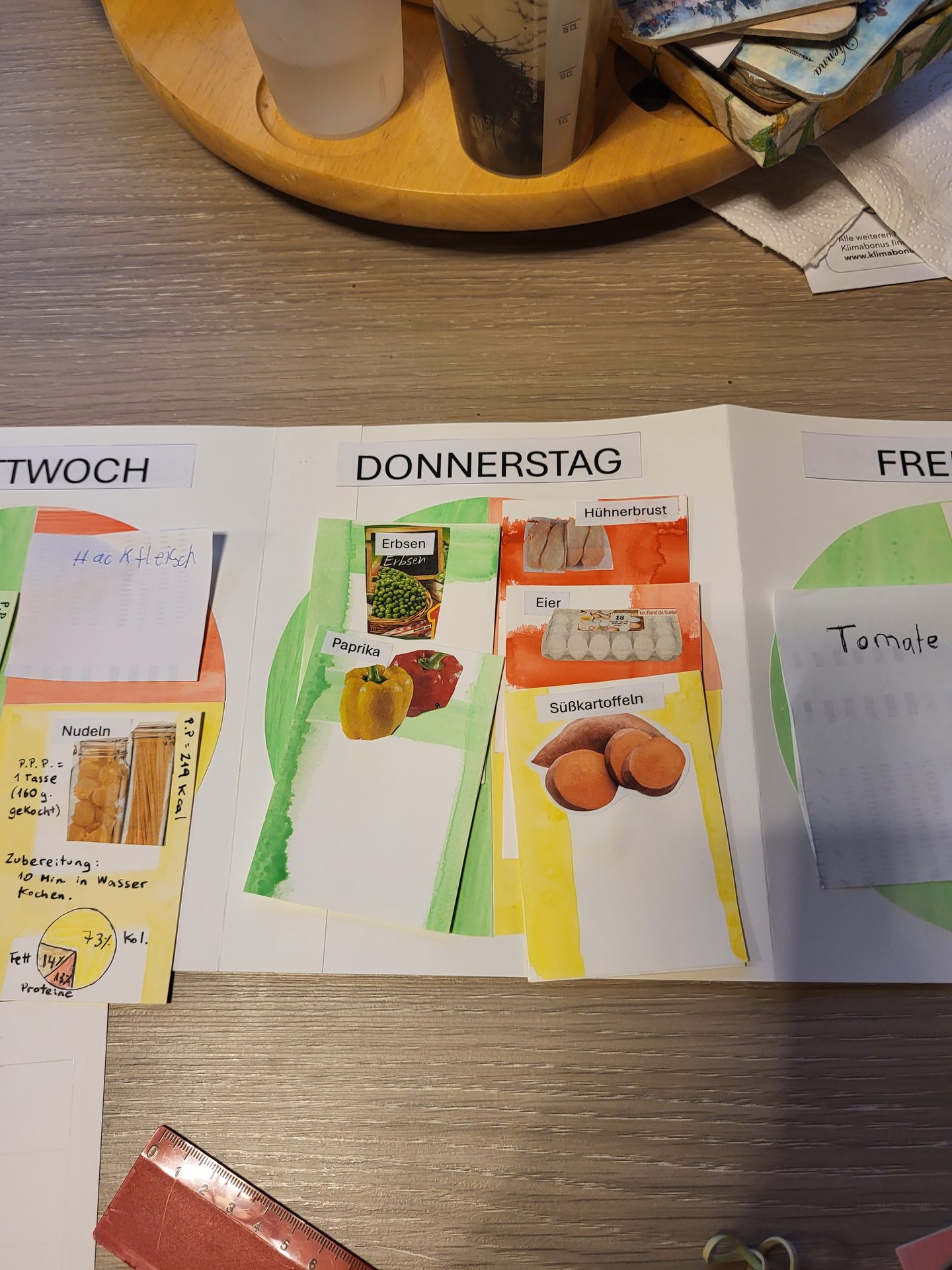 Handmade meal planner displaying Wednesday, Thursday, Friday with ingredients like noodles, chicken, vegetables.
