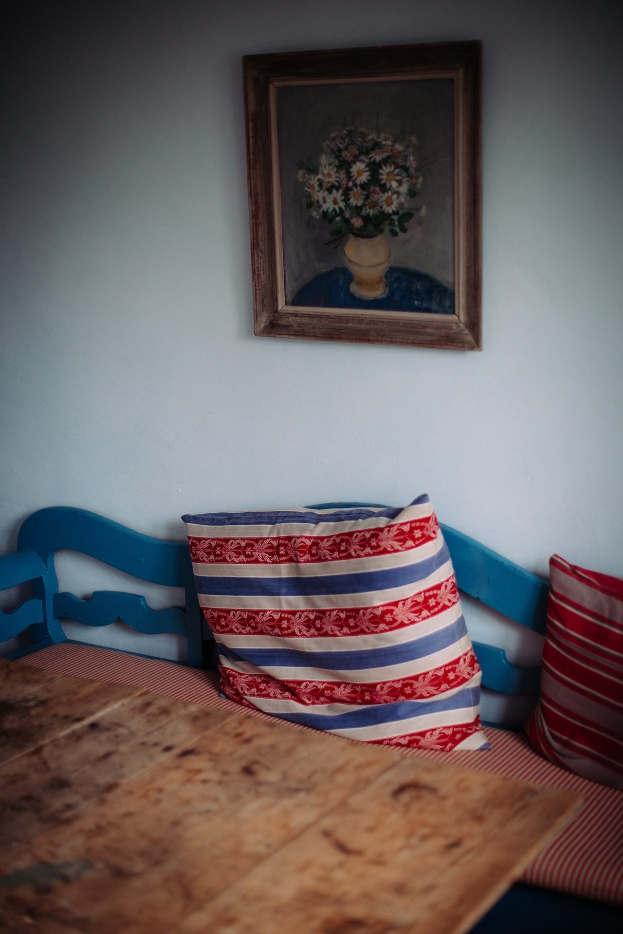 Picture frame, Furniture, Building, Blue, Window, Azure, Plant, Wood, Textile, Paint