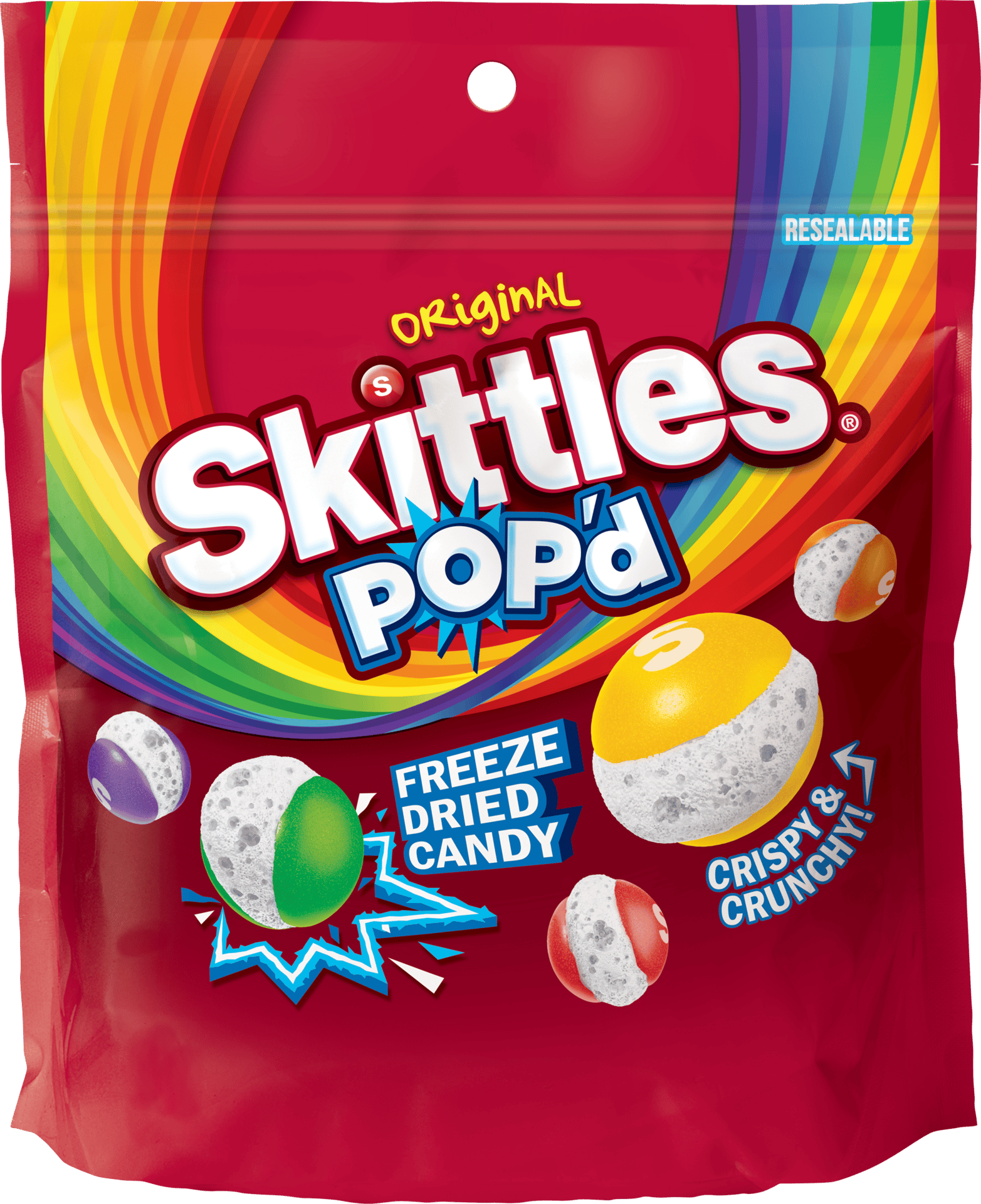 Red Skittles Pop'd freeze-dried candy bag showing rainbow and crispy, crunchy pieces.