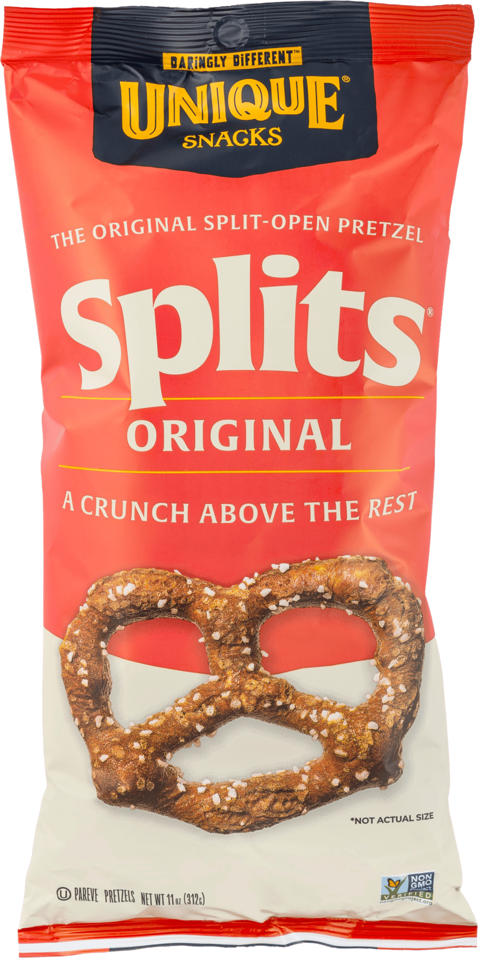 Red bag of Unique Snacks Splits Original Pretzels, showcasing a 'split-open pretzel' graphic.