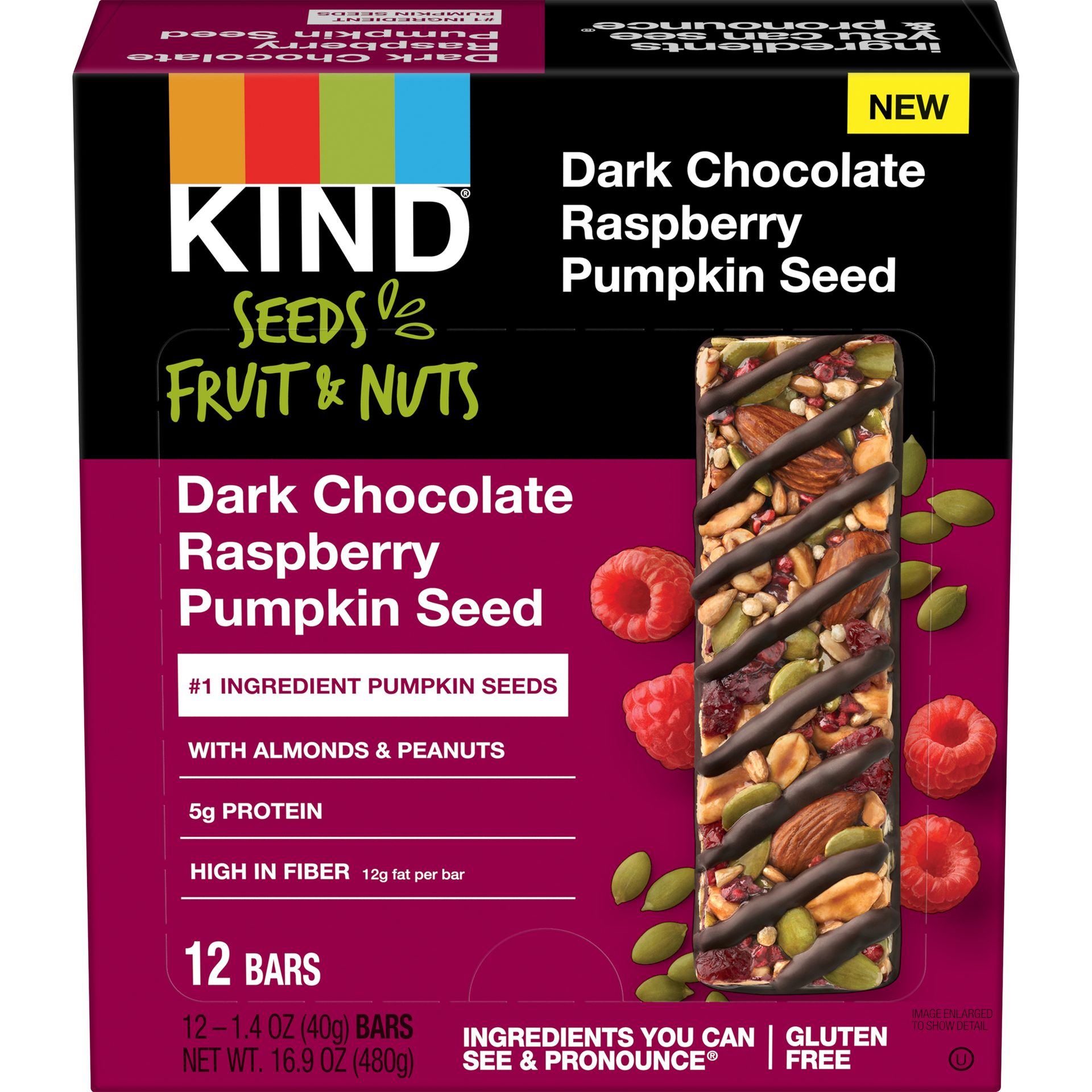 Kind Seeds, Fruit, and Nuts Dark Chocolate Raspberry Pumpkin Seeds bars in a black and magenta box