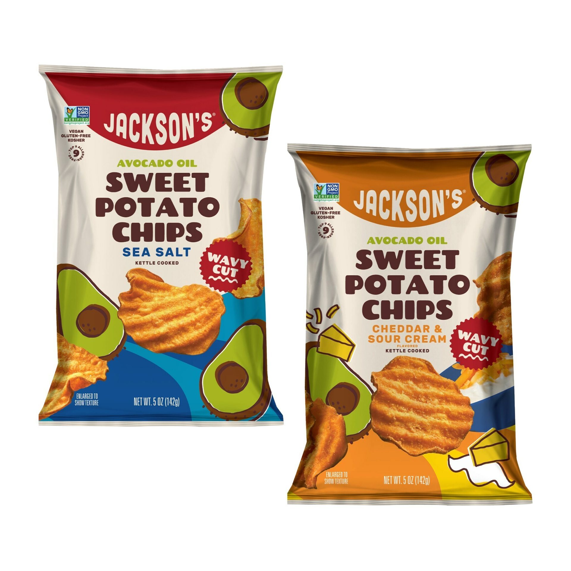 Two bags of Jackson's Wavy Cut Sweet Potato Chips, Sea Salt and Cheddar & Sour Cream flavors.
