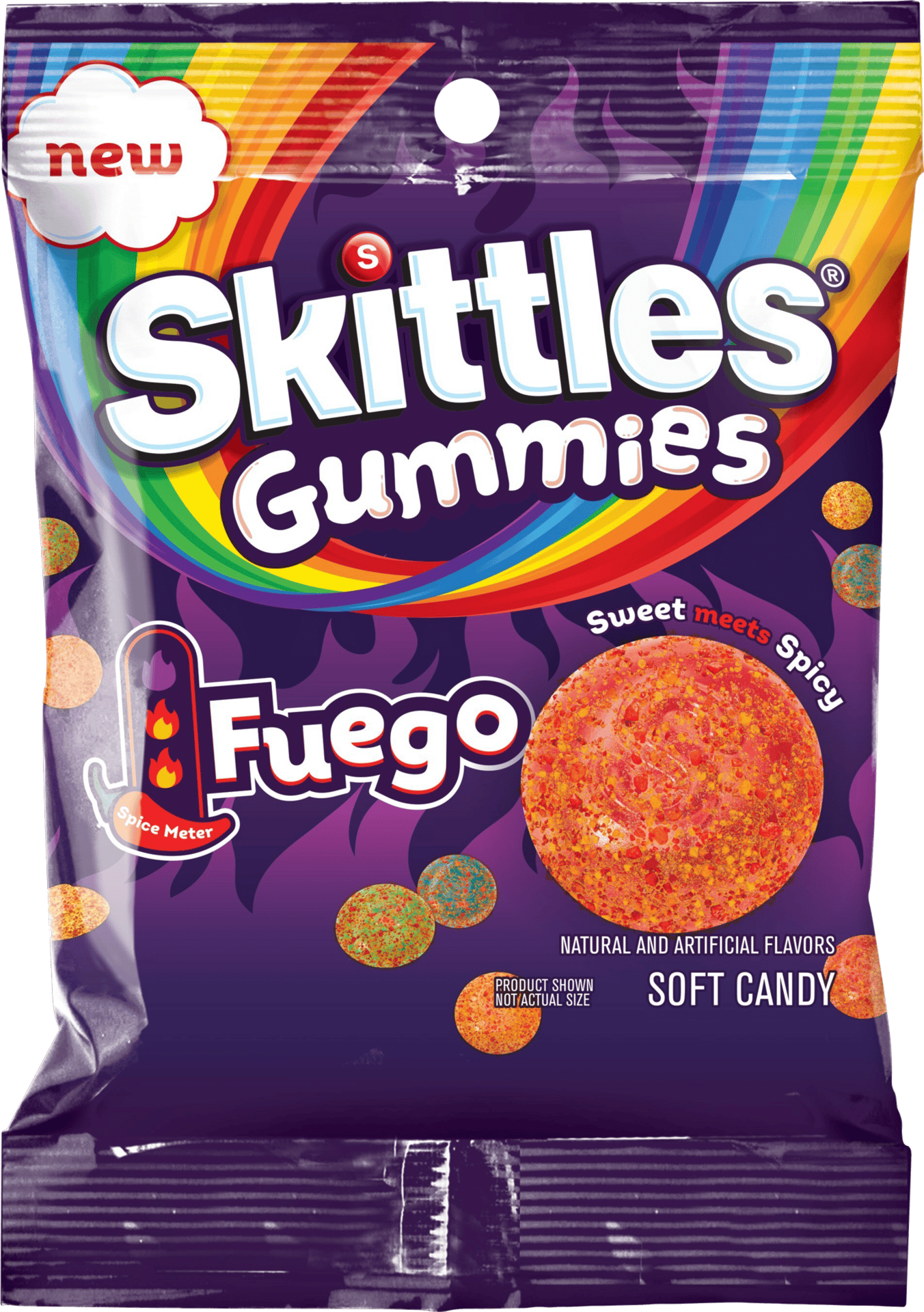 New Skittles Gummies Fuego bag, purple with rainbow, flames, and "Sweet meets Spicy" text.