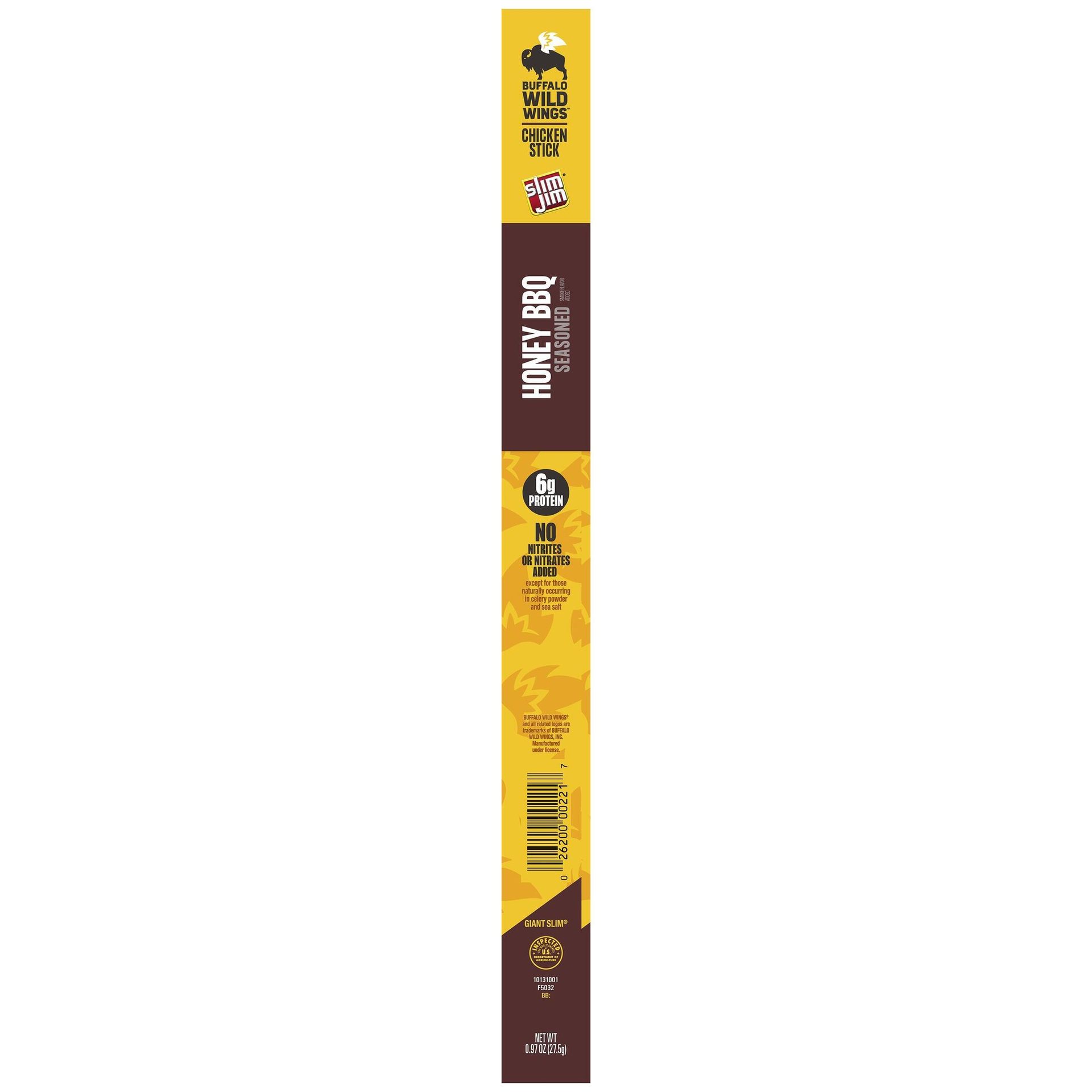 A Slim Jim Buffalo Wild Wings Honey BBQ Seasoned Chicken Stick, highlighting 6g protein and no nitrites added.