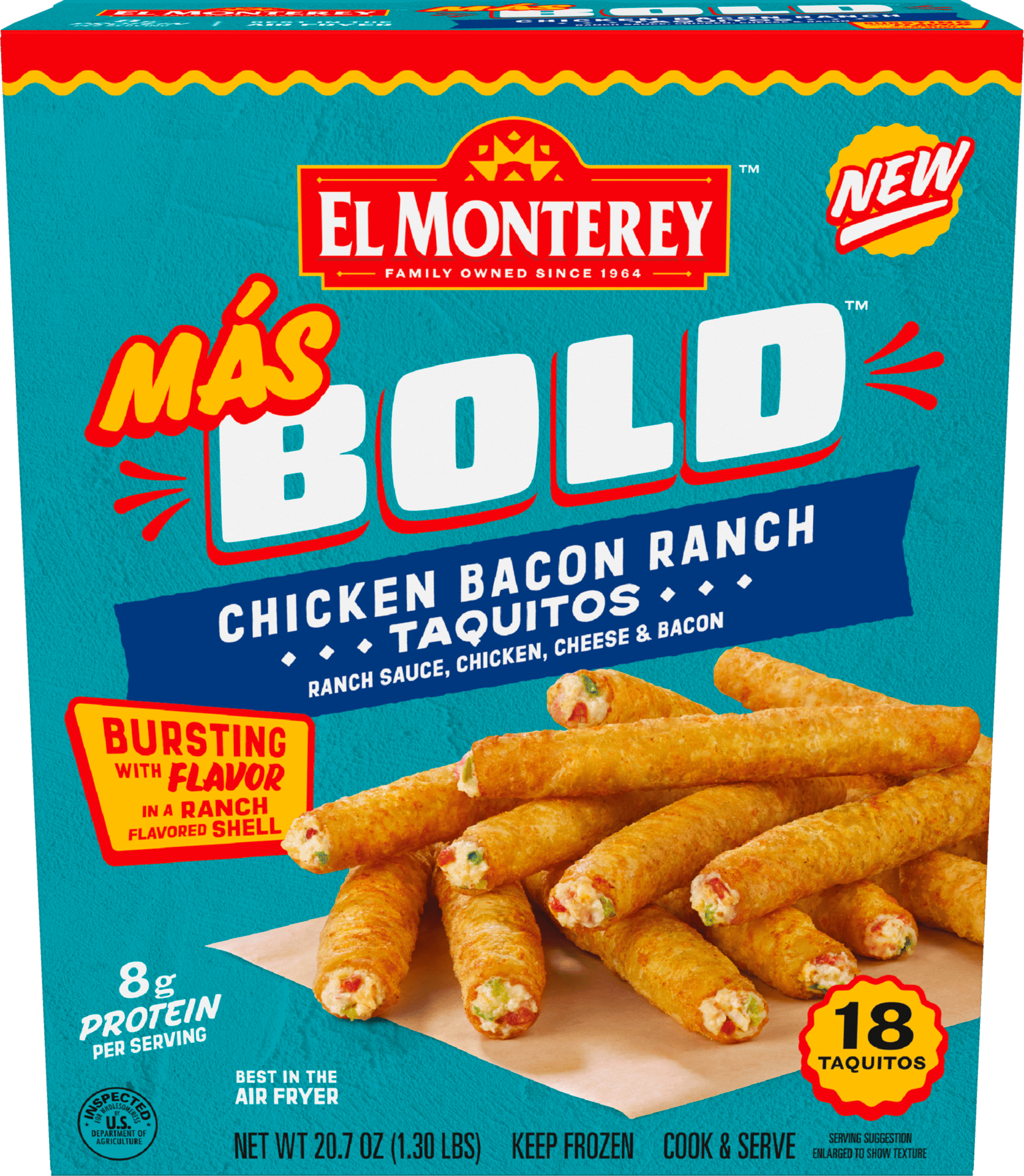 El Monterey Más BOLD Chicken Bacon Ranch Taquitos, bursting with flavor in a ranch shell, 18 count.