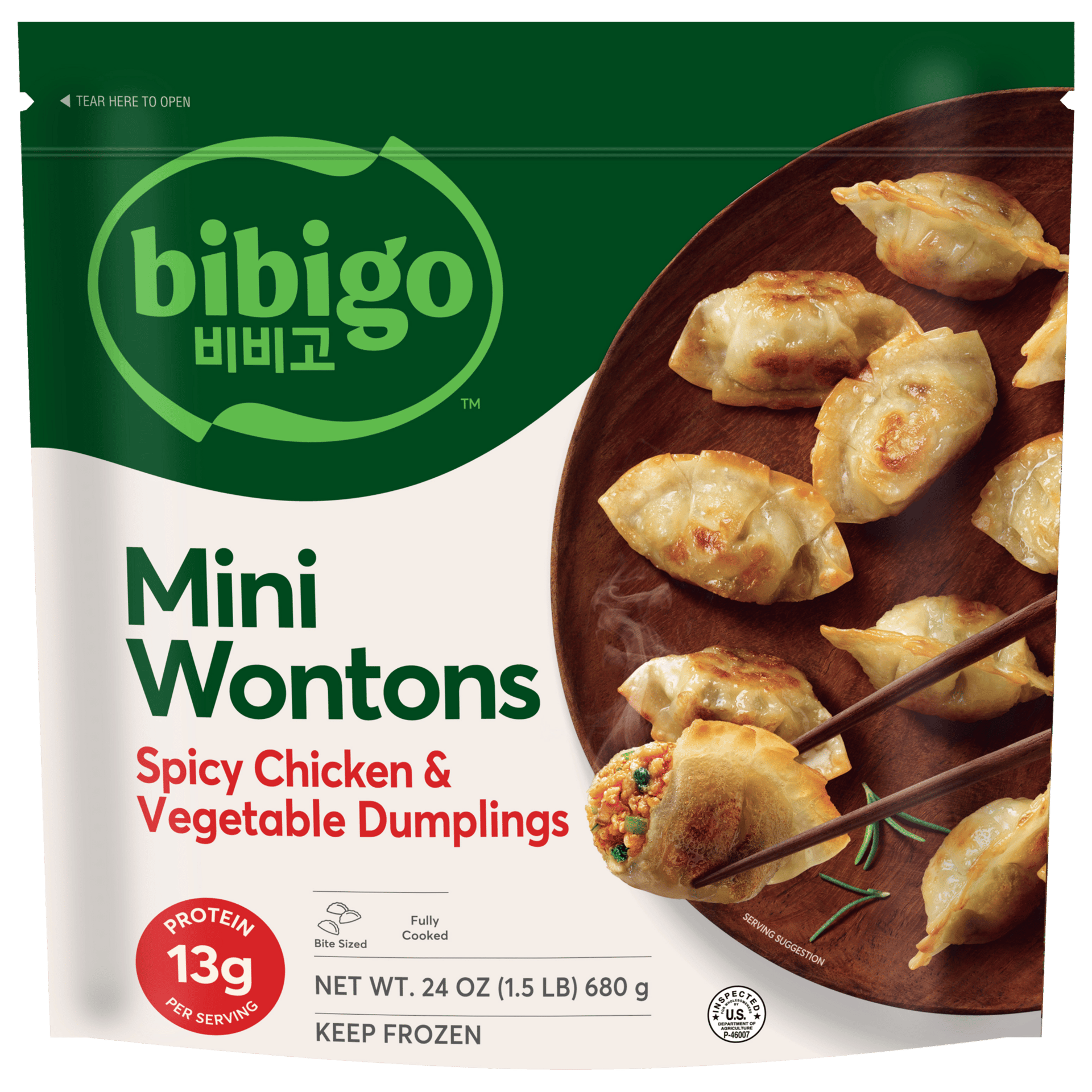 Bibigo Mini Wontons, spicy chicken & vegetable dumplings, frozen package with cooked wontons on a plate.