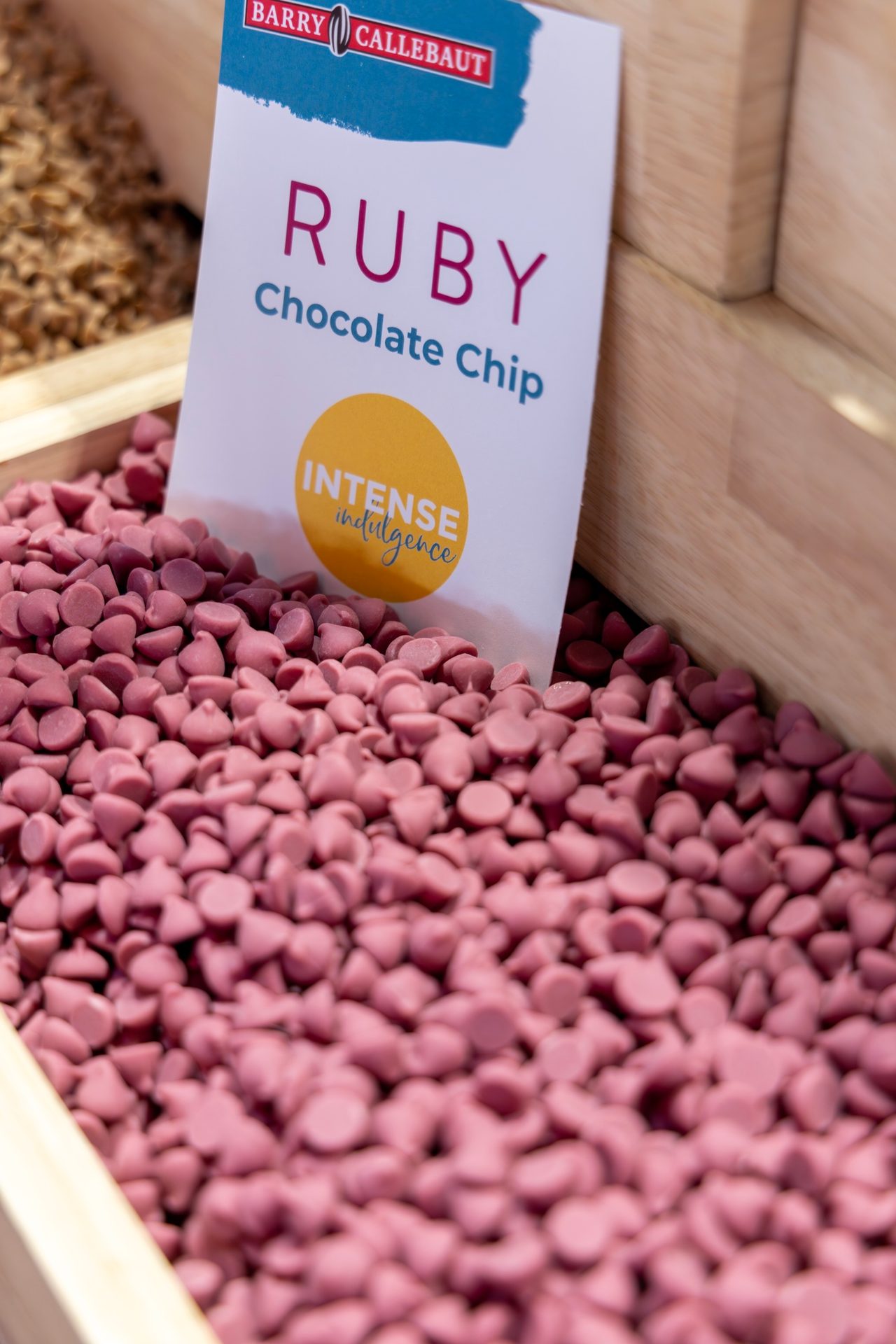 Baking chips, Ruby chocolate, Pink, Wooden box, Paper