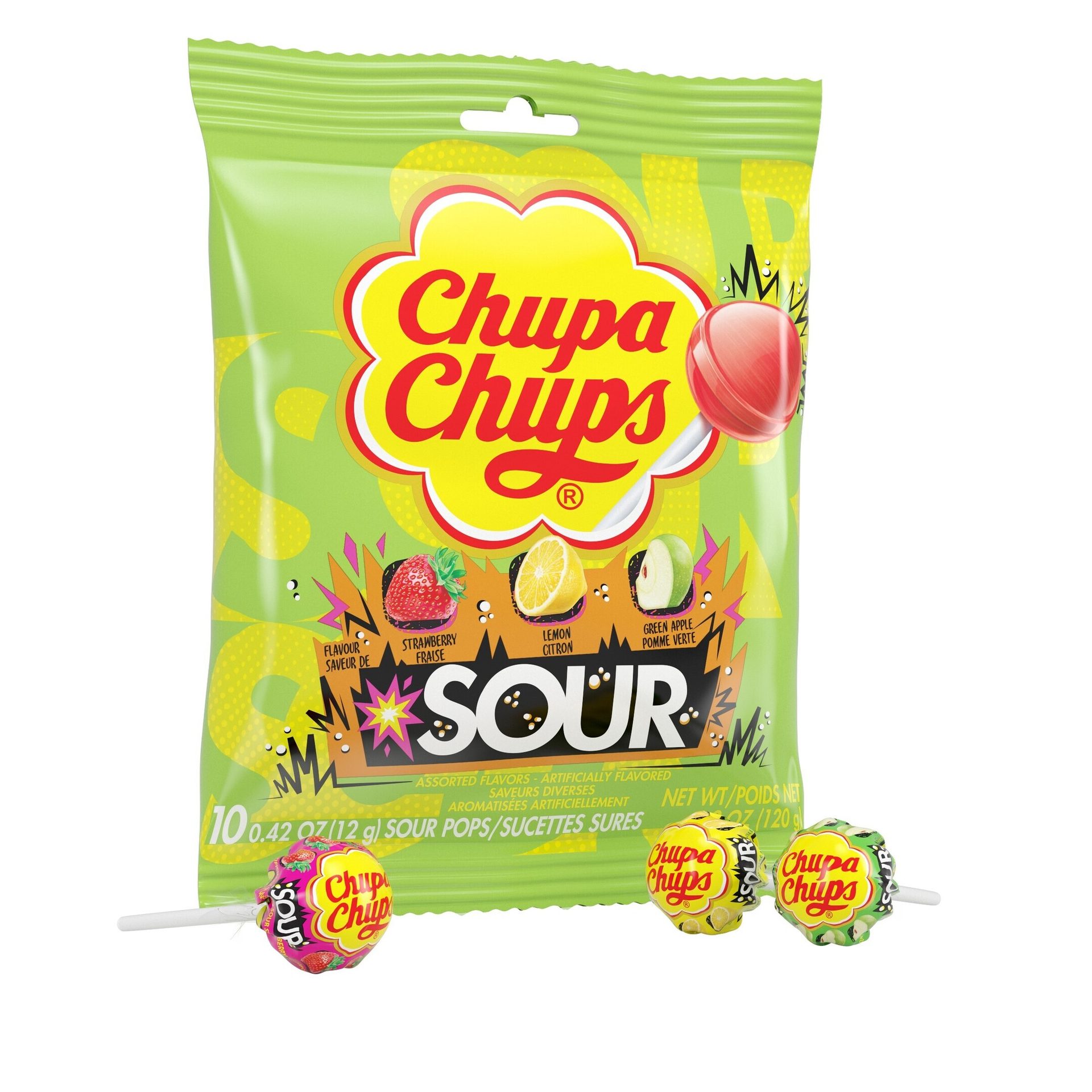 Chupa Chups Sour lollipops in green packaging, with individual lollipops in front of the packaging.