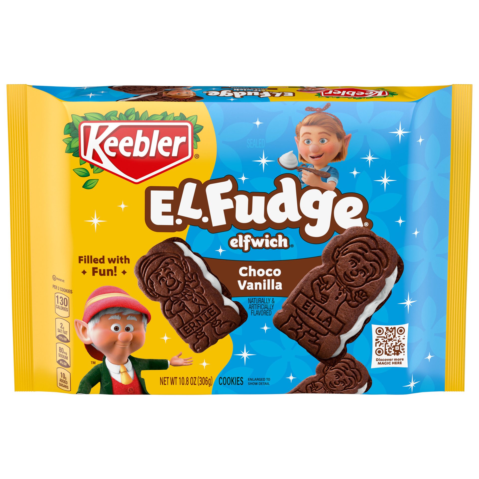 Keebler’s E.L. Fudge Elfwich cookies in Choco Vanilla in blue and yellow packaging.