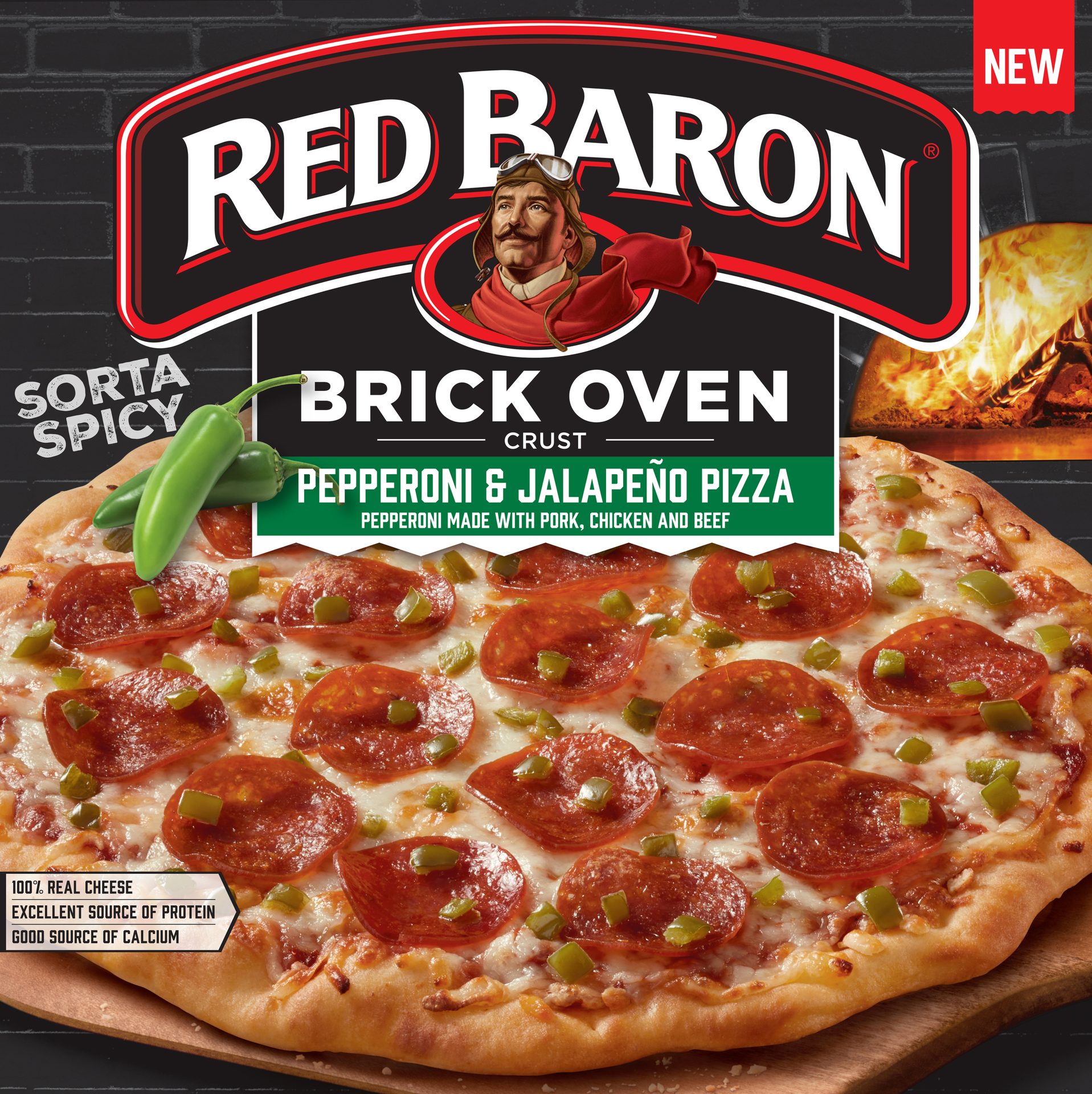 Red Baron Brick Oven Pepperoni & Jalapeno Pizza in a black box with white text on it