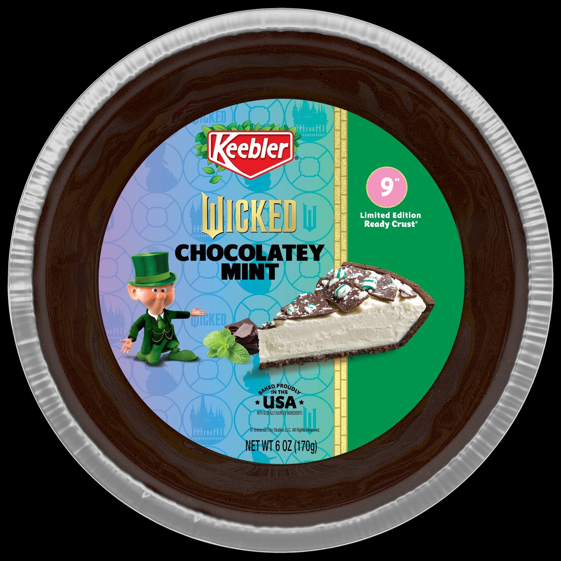 Keebler "Wicked Chocolatey Mint" Limited Edition Ready Crust pie with elf character and pie slice.