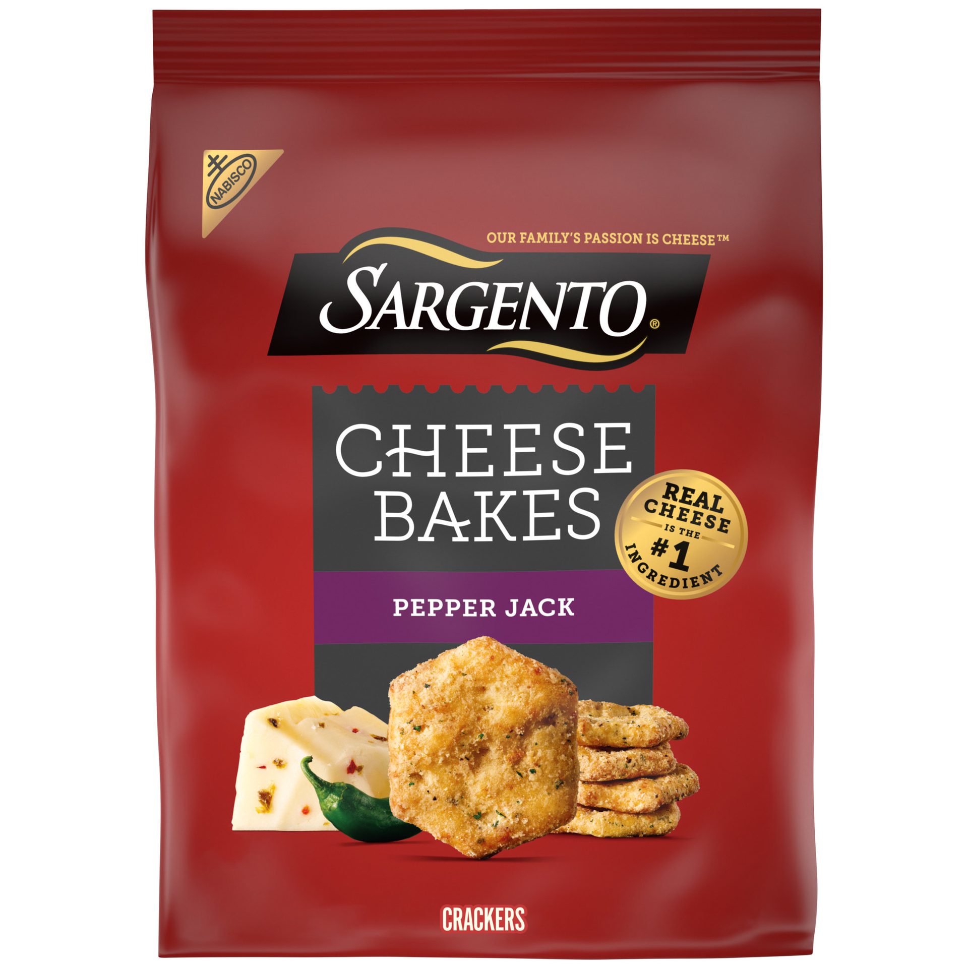 Sargento Cheese Bakes Pepper Jack crackers bag, real cheese is #1 ingredient.