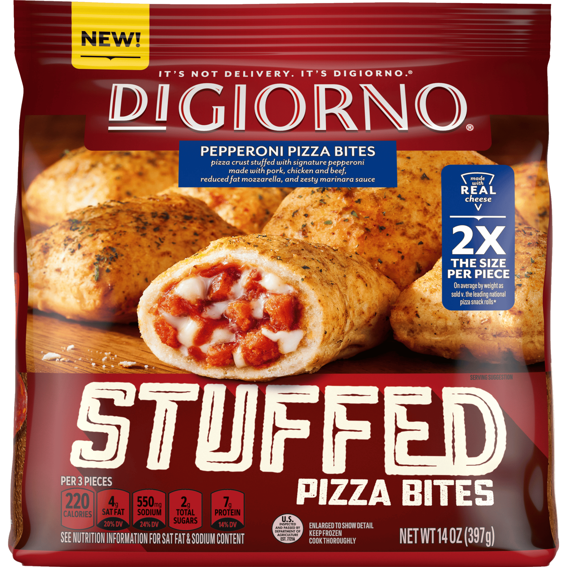 Convenience food, Stuffed pizza bites, Red packaging, Bread, Cheese, Dough