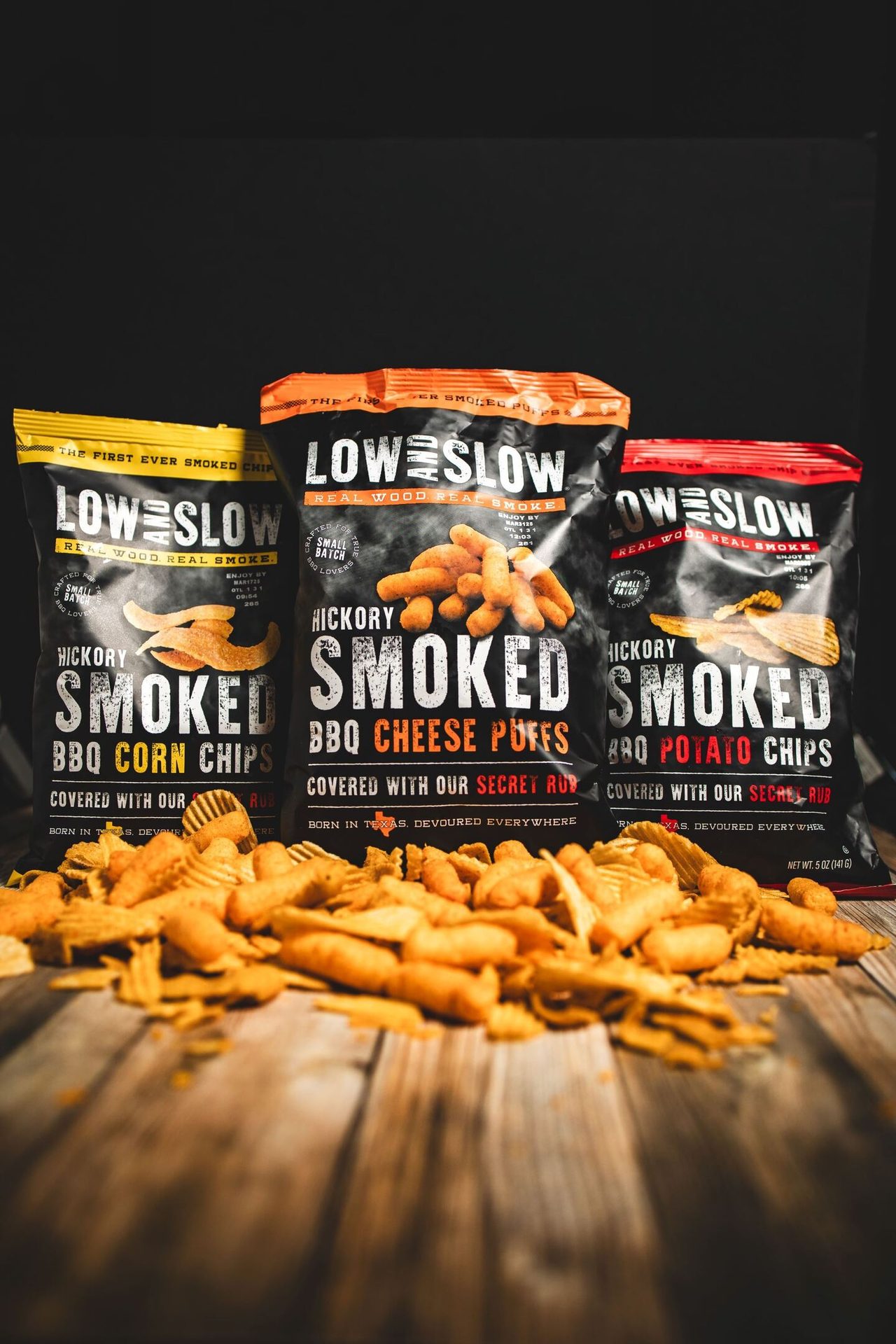 3 bag hero with product, Low and Slow Snacks