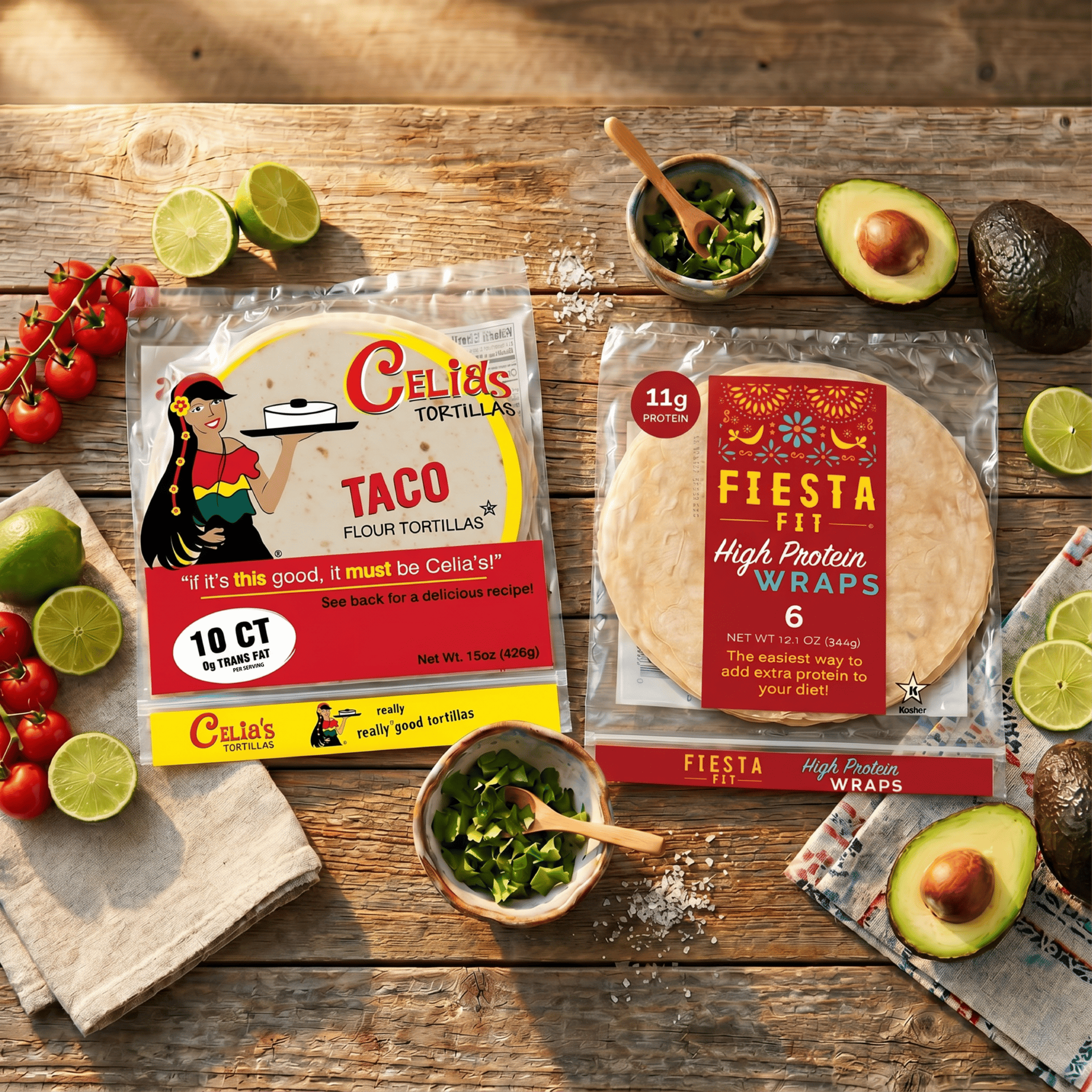 Two tortilla packages (Celia's Taco Flour Tortillas, Fiesta Fit High Protein Wraps) with fresh ingredients on a wooden table.