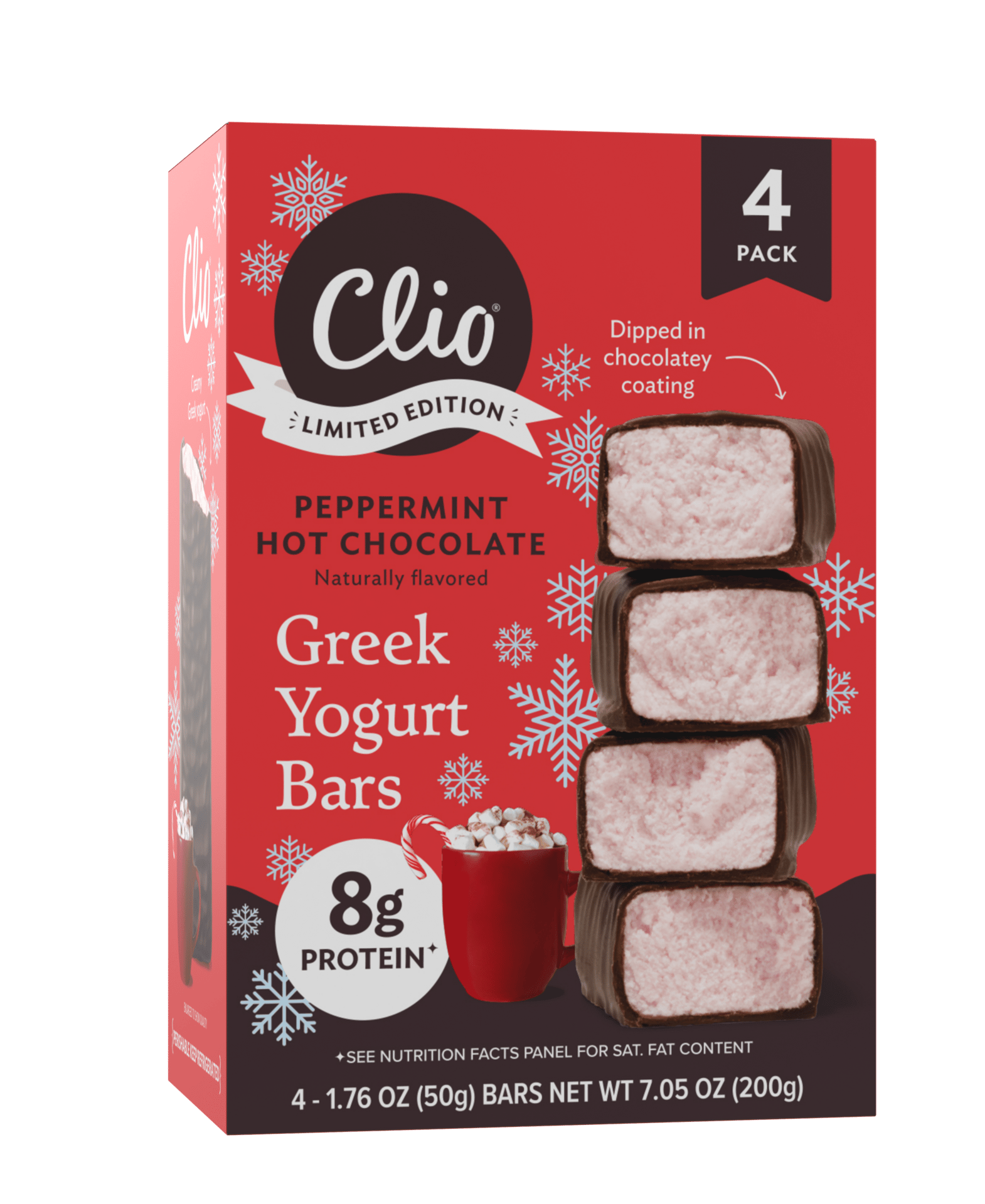 Clio Peppermint Hot Chocolate Greek Yogurt Bars, 4-pack, with 8g protein, showing chocolate-dipped pink bars.