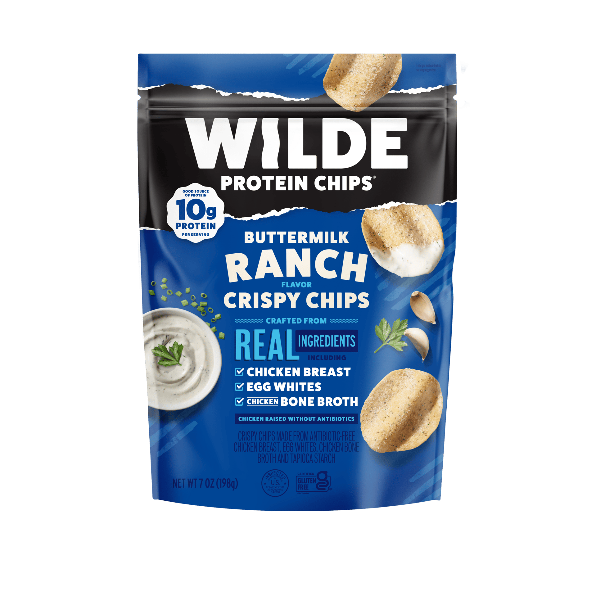 A bag of Wilde Buttermilk Ranch Protein Crispy Chips, highlighting 10g protein and real ingredients.