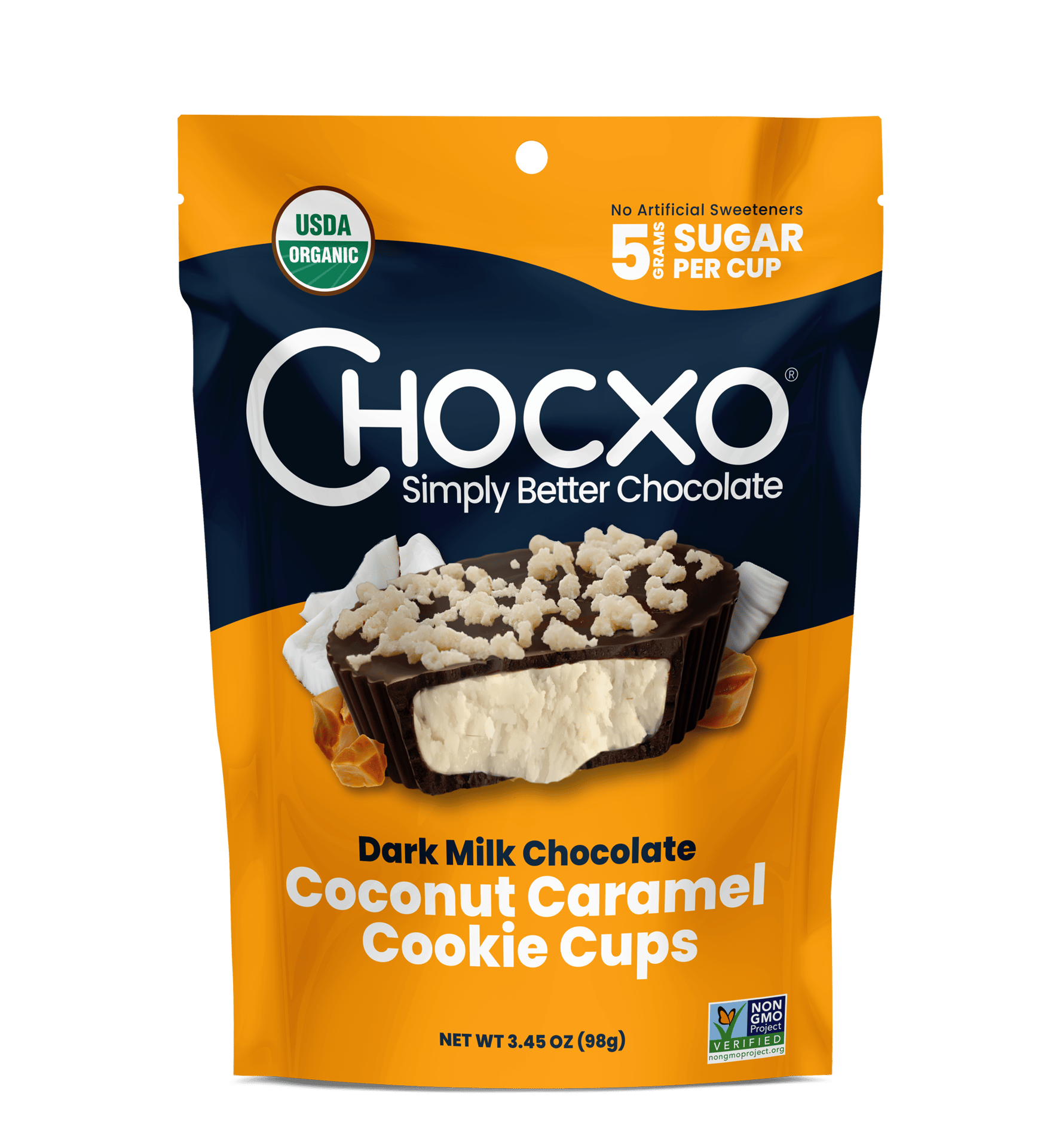 Upright pouch of Choxco coconut caramel cookie cups
