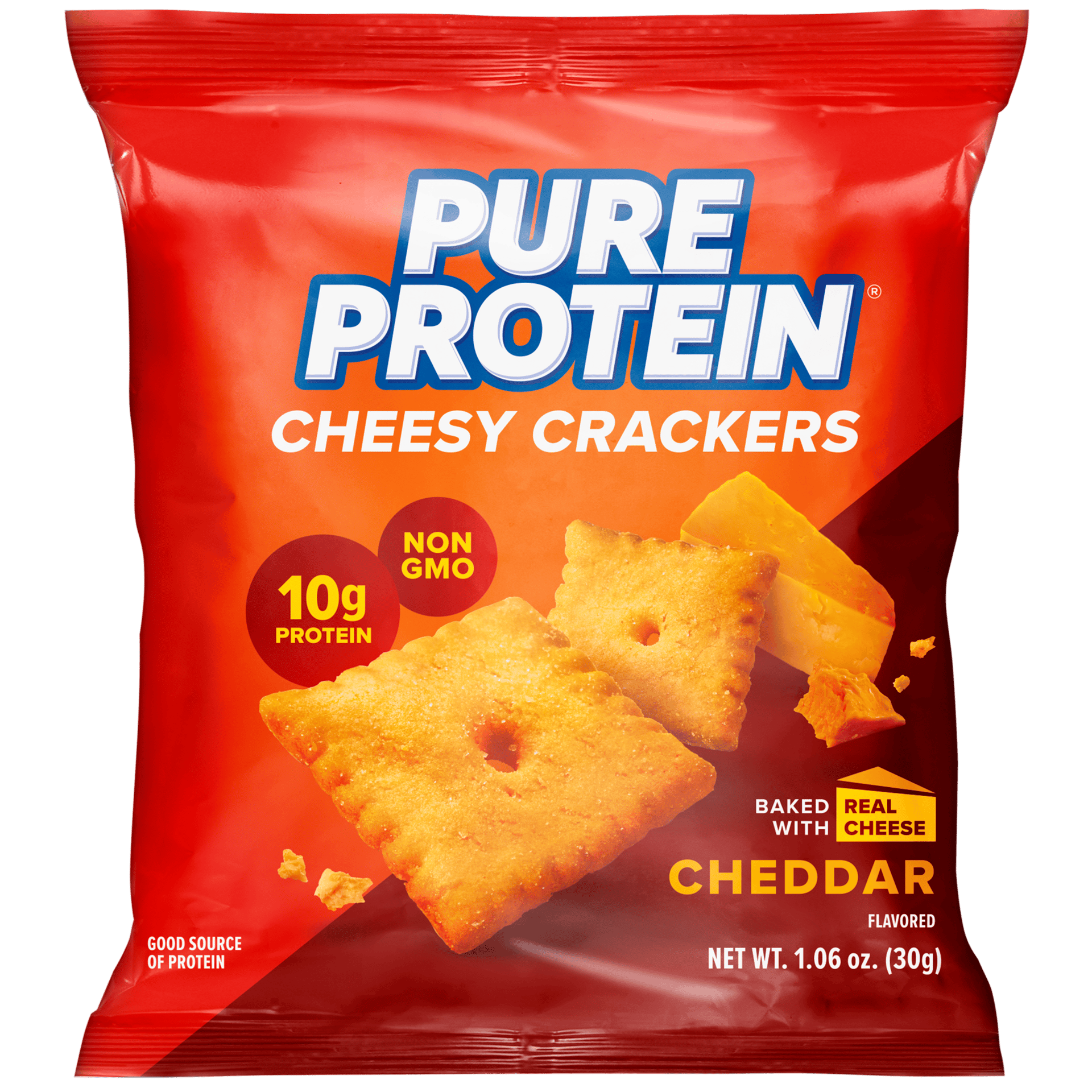 Pure Protein Cheddar crackers in red and dark red packaging