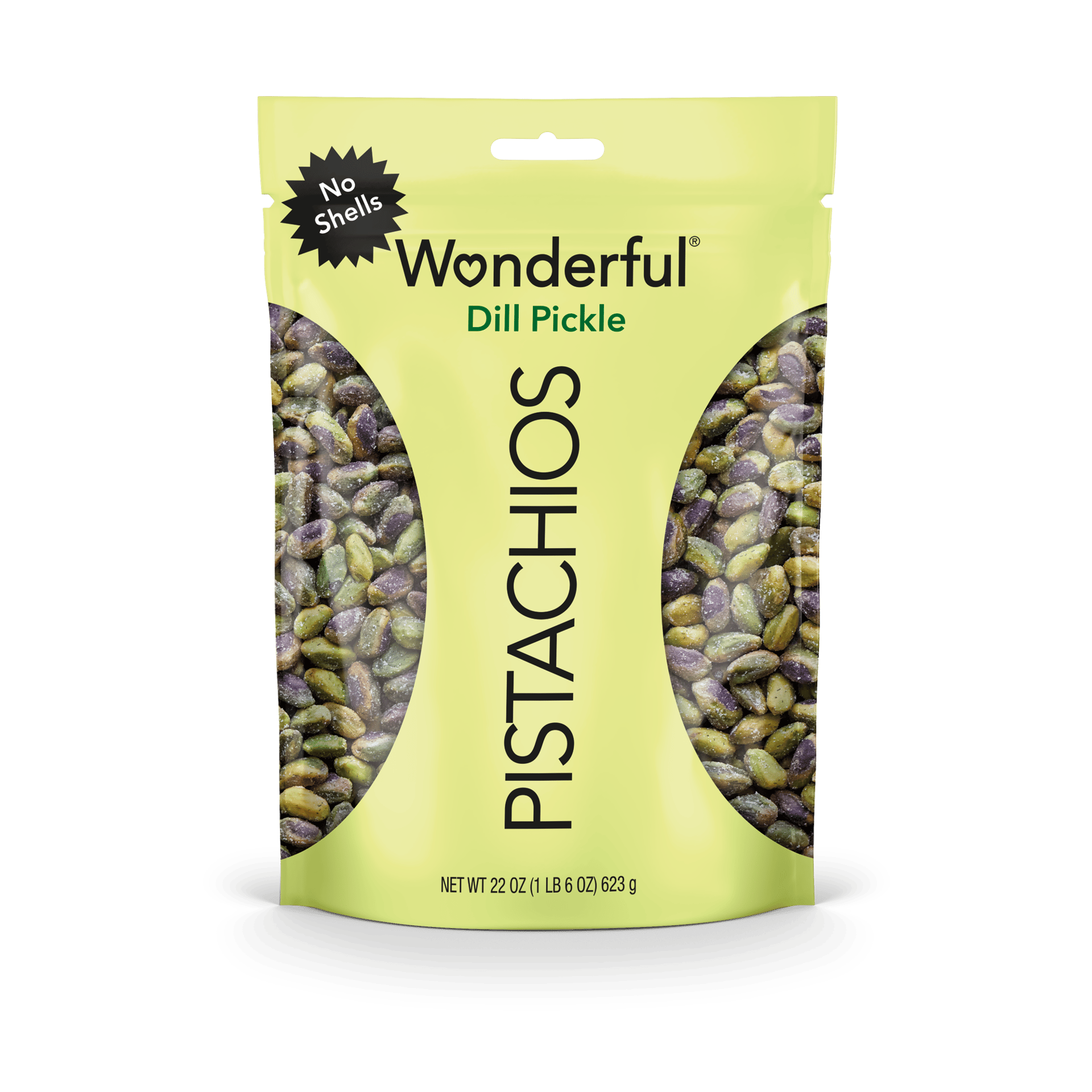 Bag of Wonderful No Shells Dill Pickle Pistachios, with seasoned nuts visible inside.