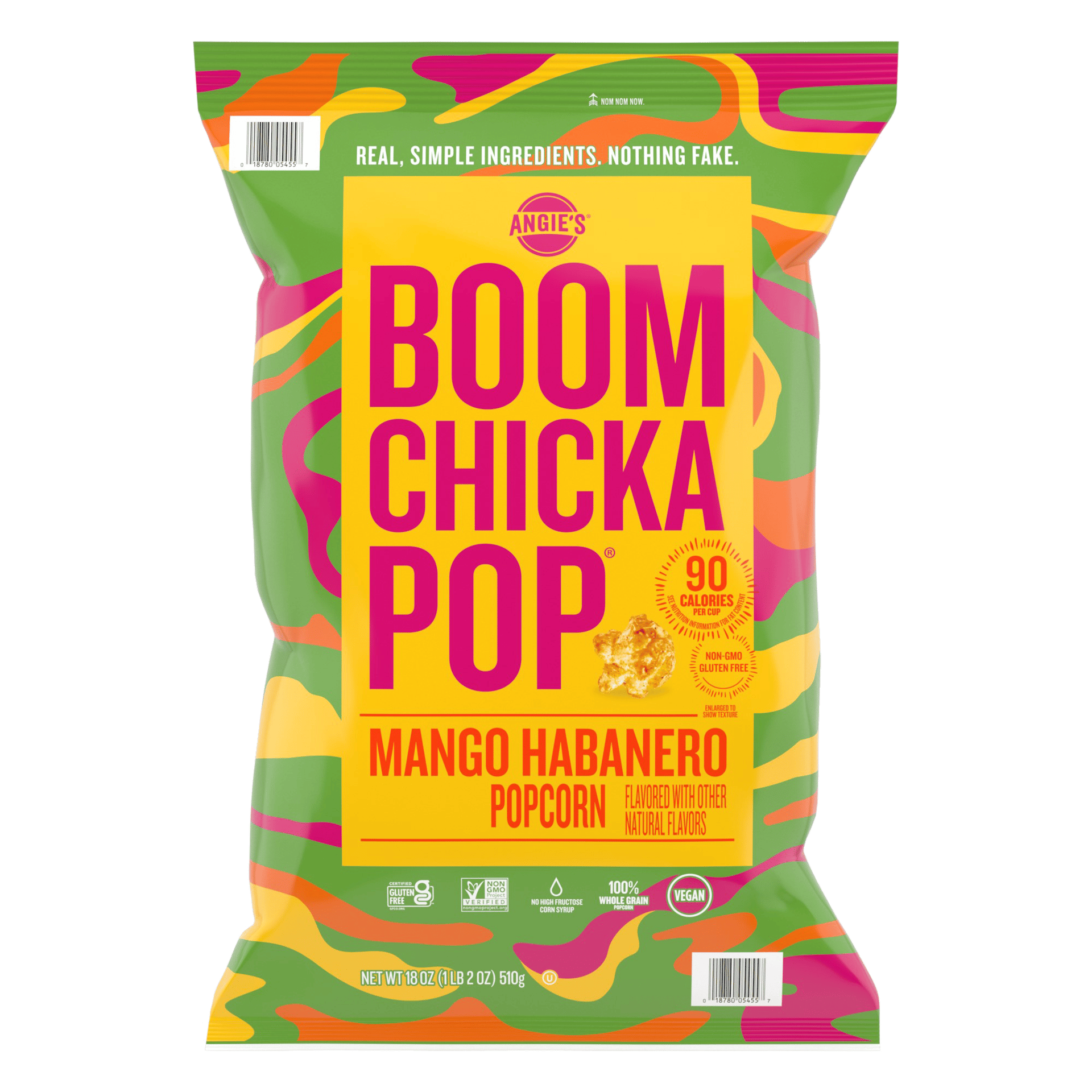 Angie’s BOOMCHICKAPOP Mango Habanero popcorn in a colorful bag with purple, orange, green, and yellow accents
