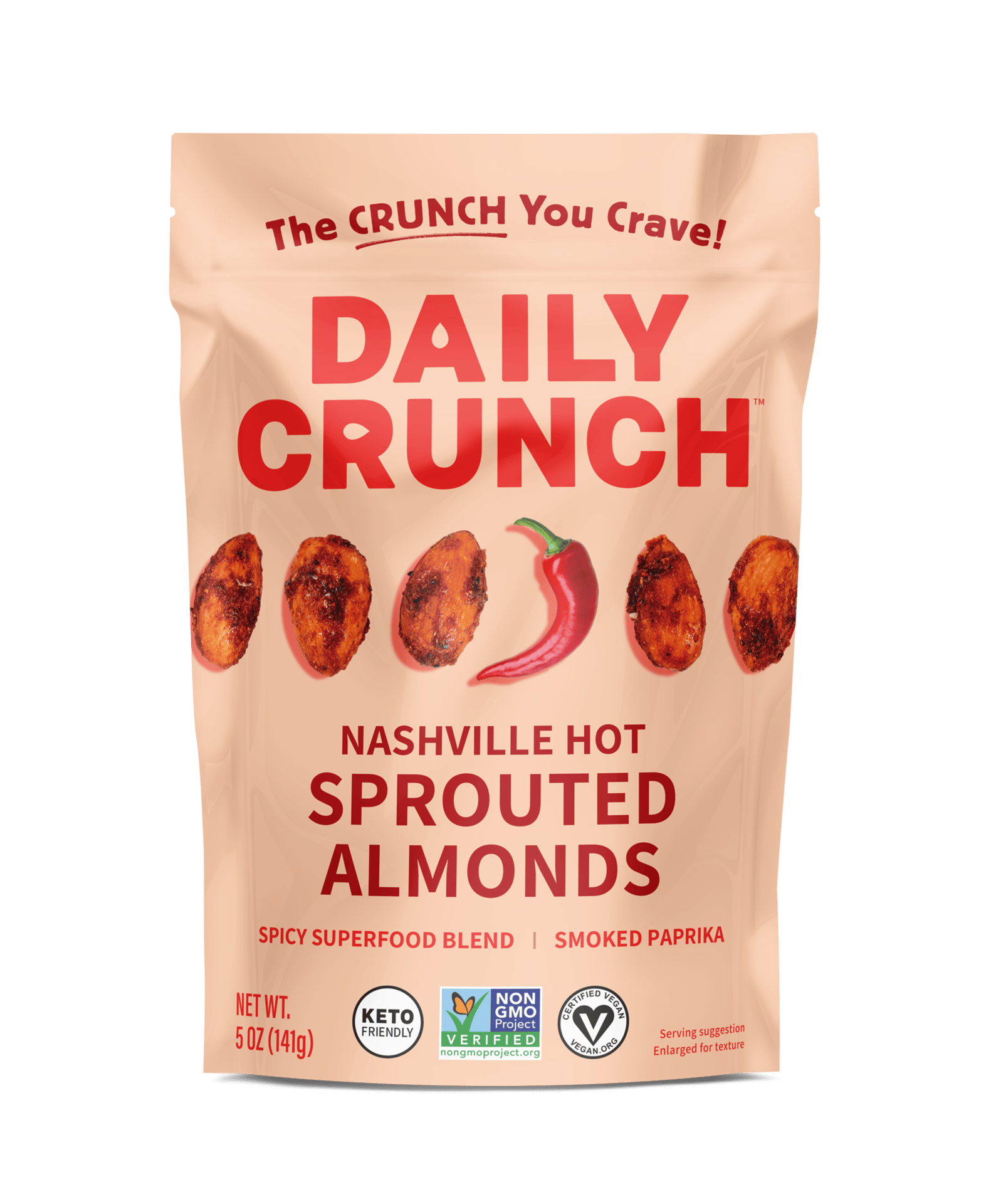 Almonds, Packaging, Resealable pouch, Peppers, Tan, Red, Logos