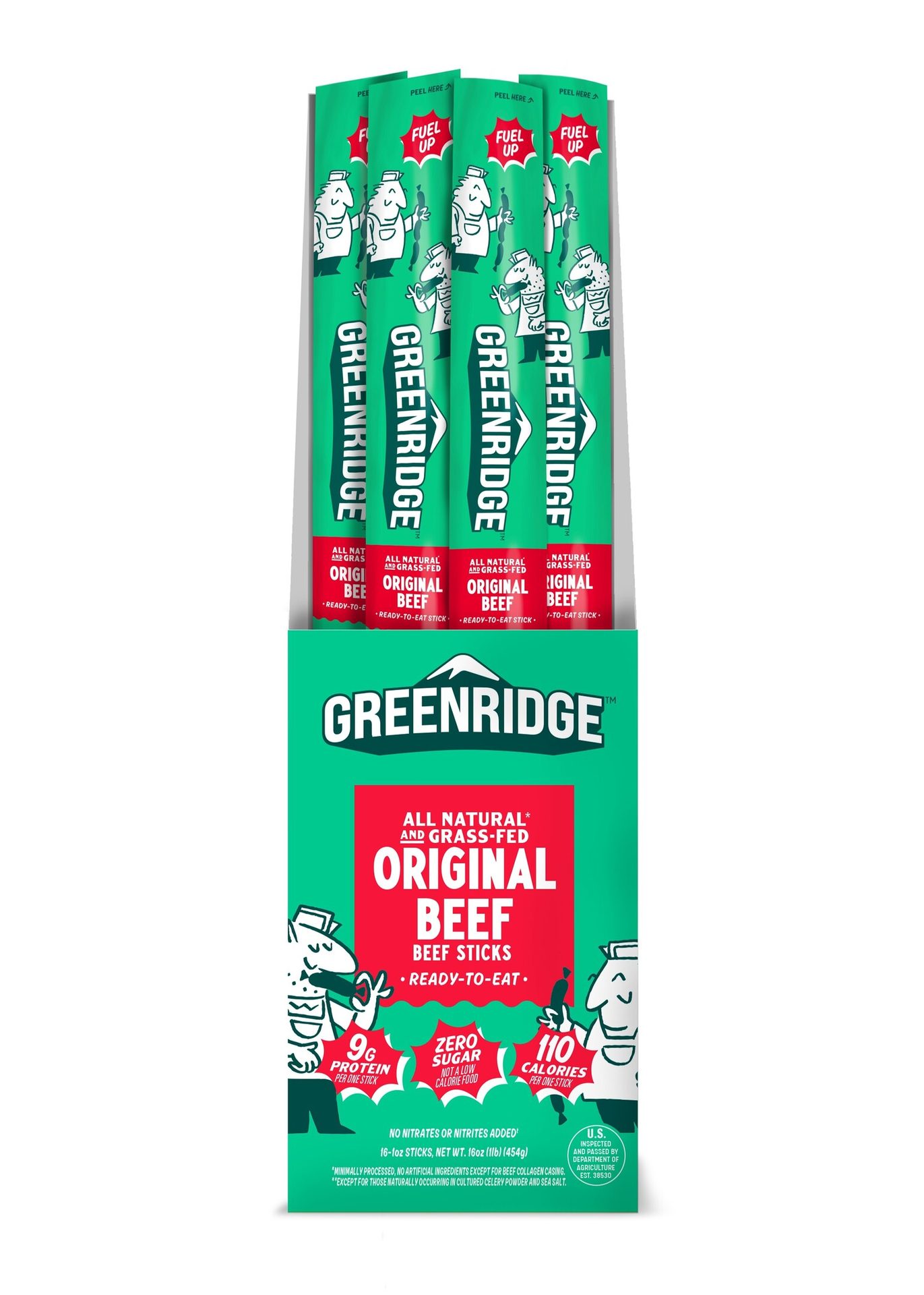 A display box of Greenridge Original Beef Sticks with four individual green-packaged sticks protruding from the top.