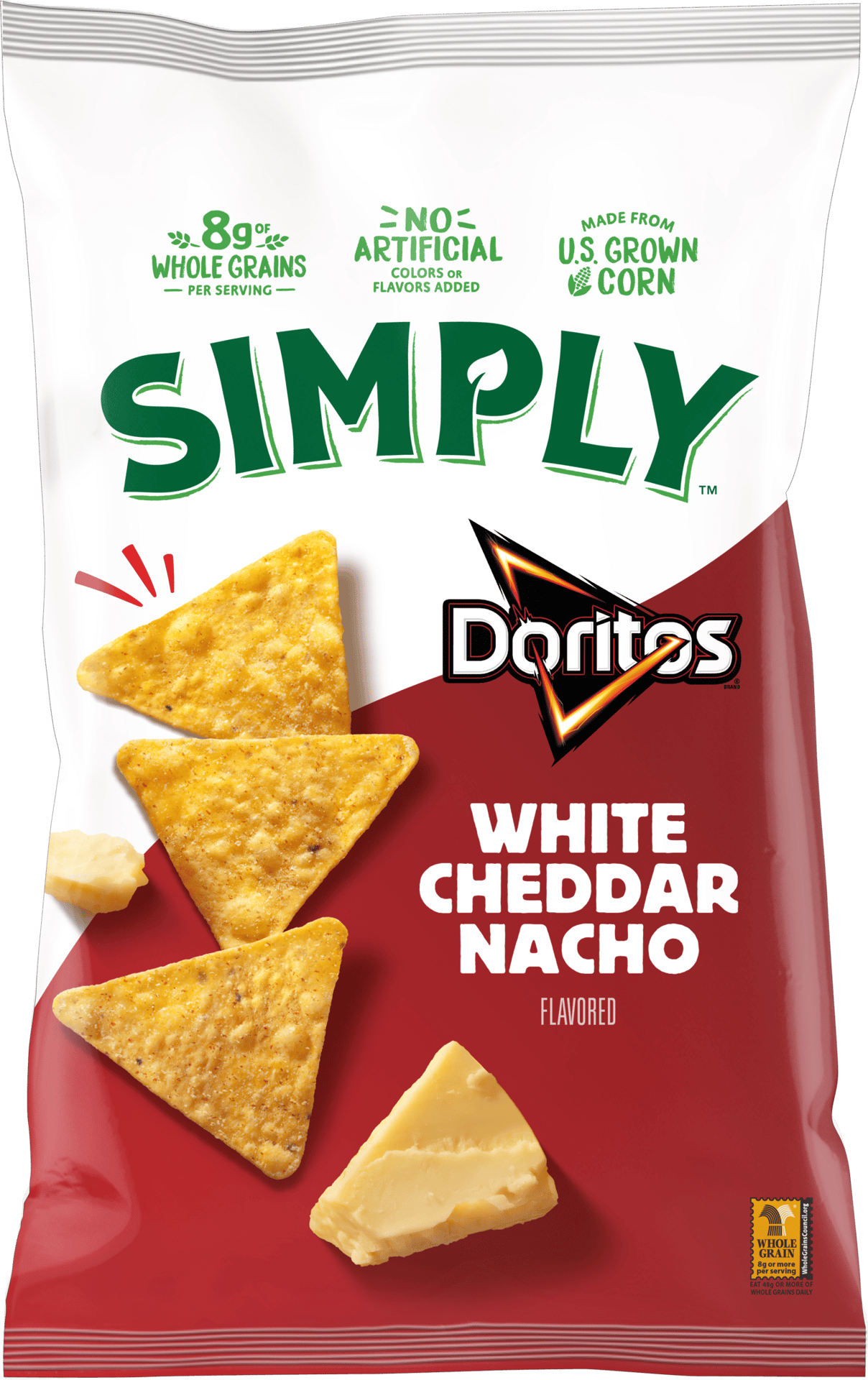 Simply Doritos White Cheddar Nacho chips bag showing chips and cheese.