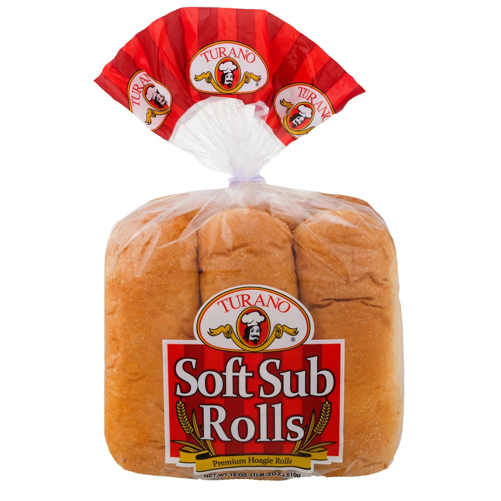 A clear plastic bag of Turano Soft Sub Rolls with a red and white label, against a white background.