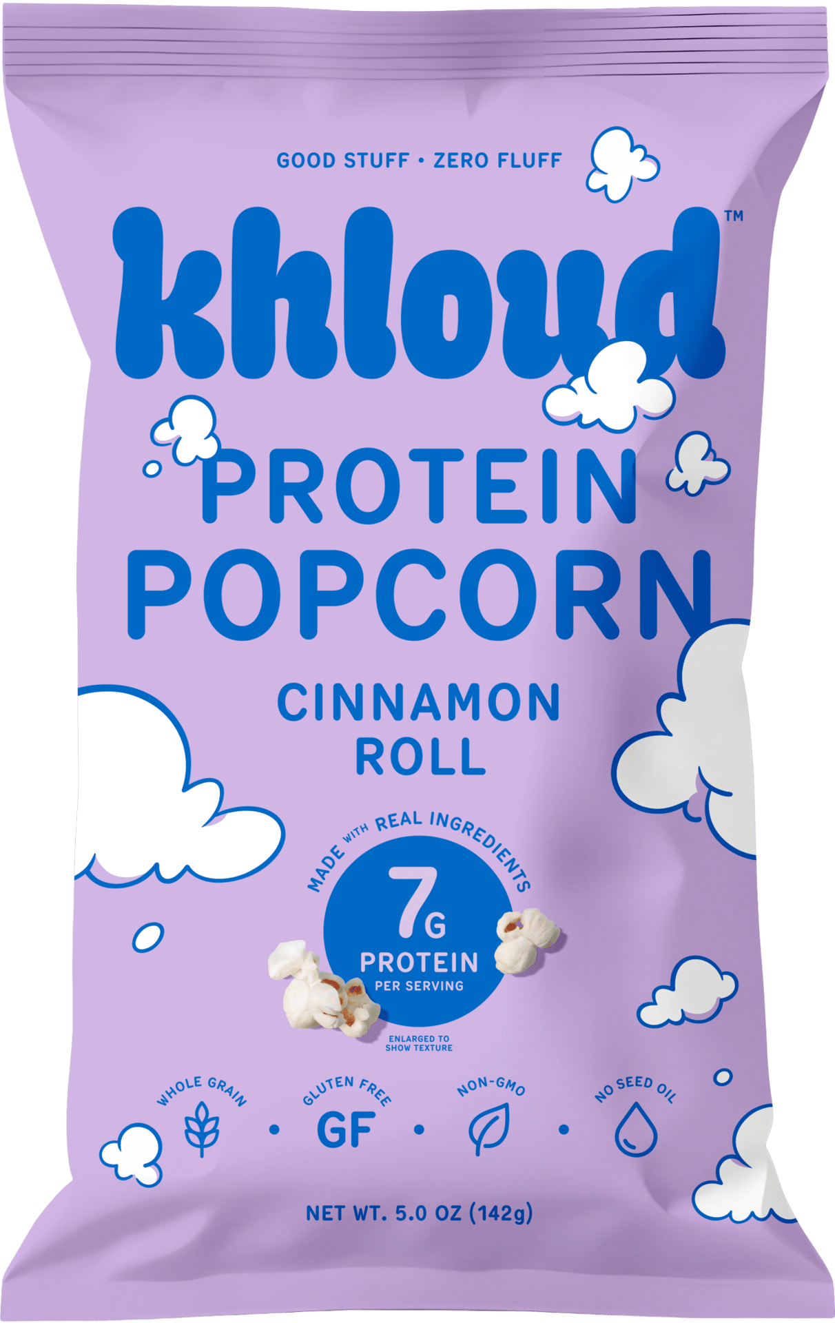 Purple bag of Khloud Cinnamon Roll Protein Popcorn, 7g protein, gluten-free, 5 oz.