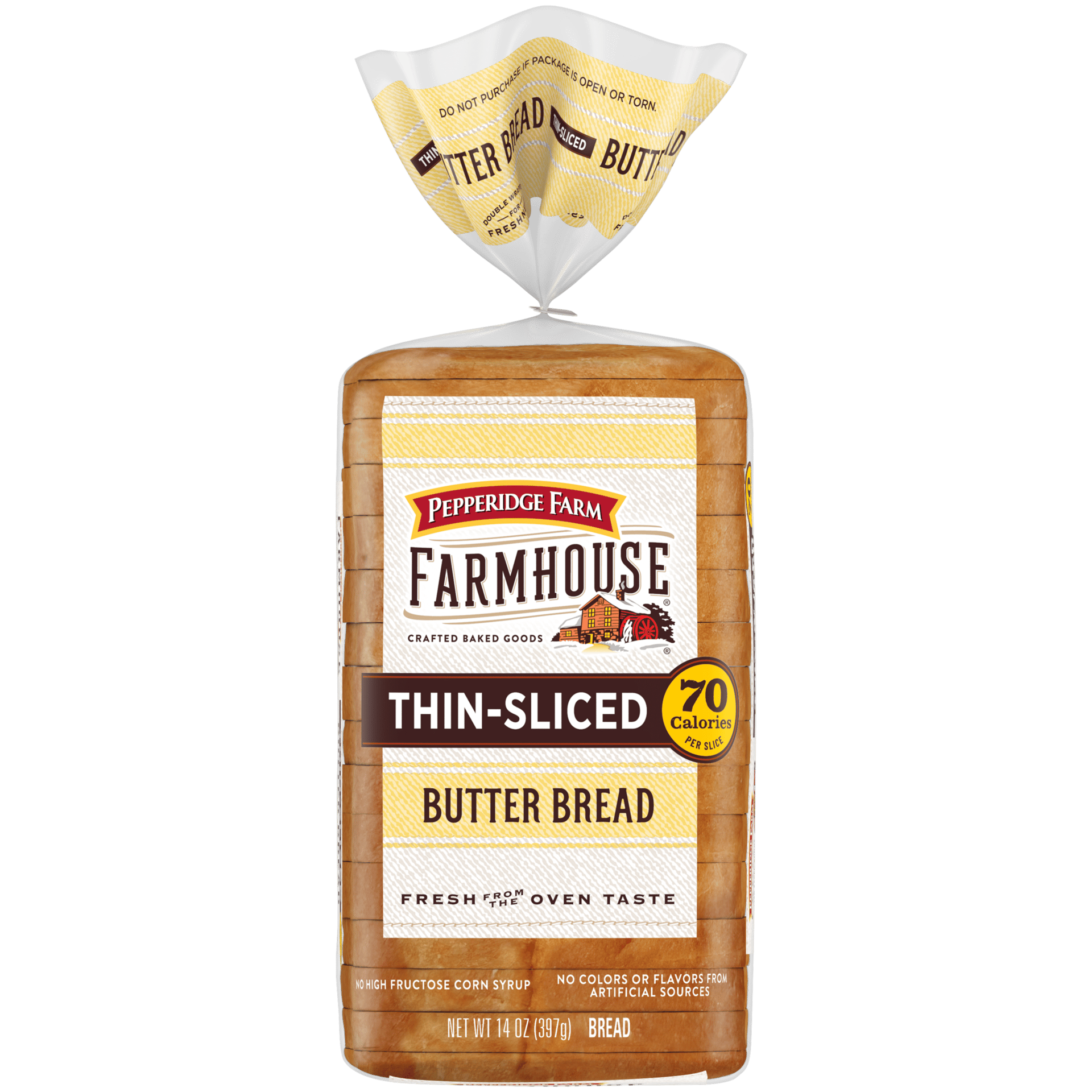 Pepperidge Farm Farmhouse Thin-Sliced Butter Bread, 70 calories per slice, 14 oz package.